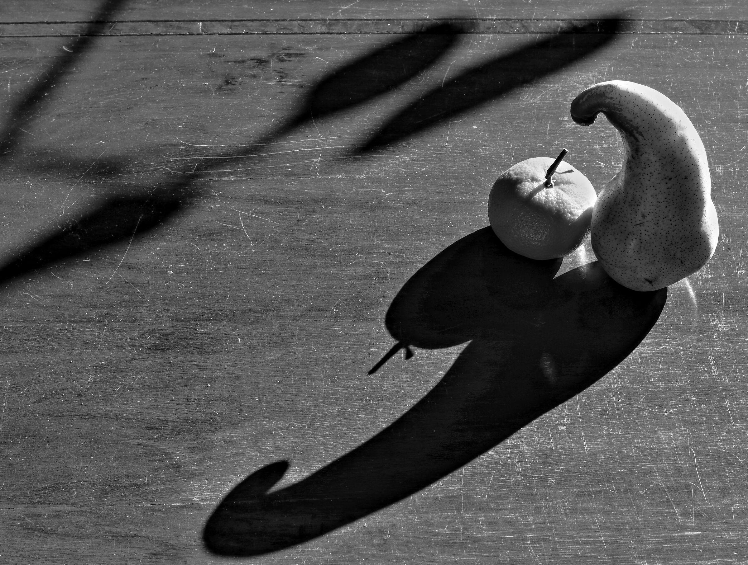 Tangerine and Pear on scratched Wood