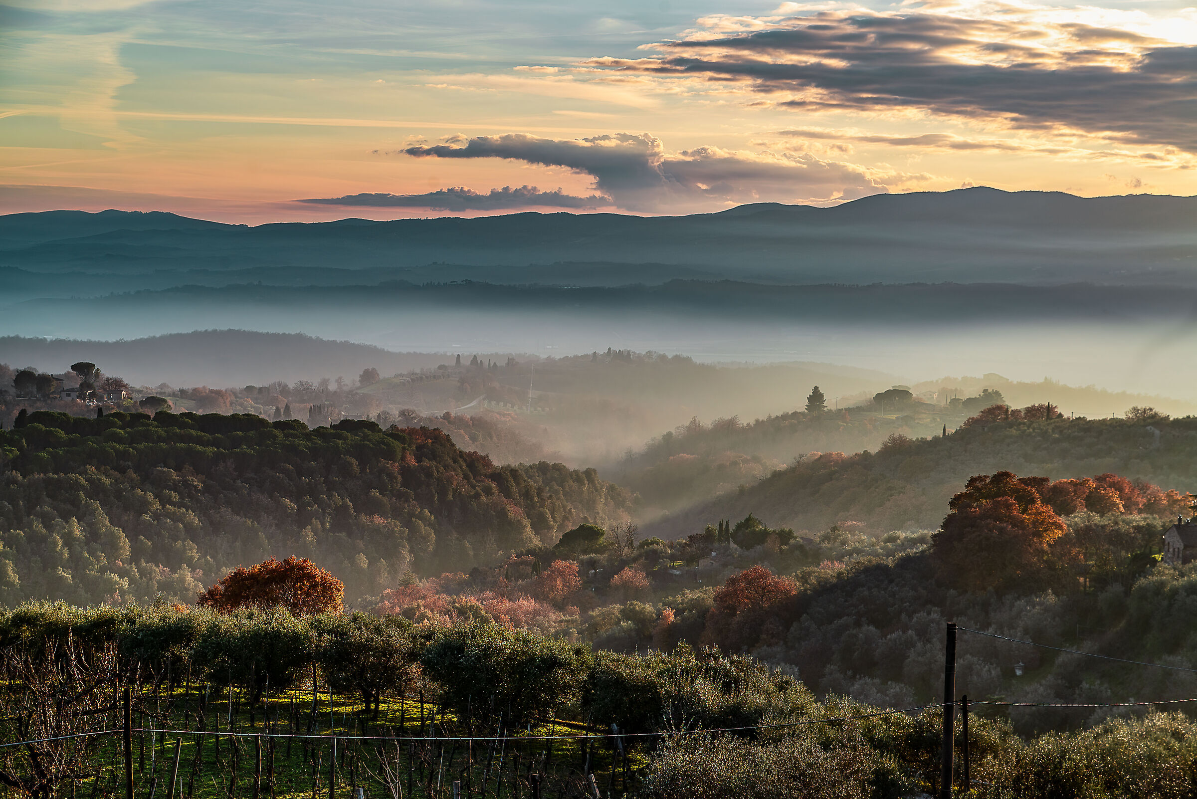 paesaggio nella nebbia serale al tramonto tra umbria e