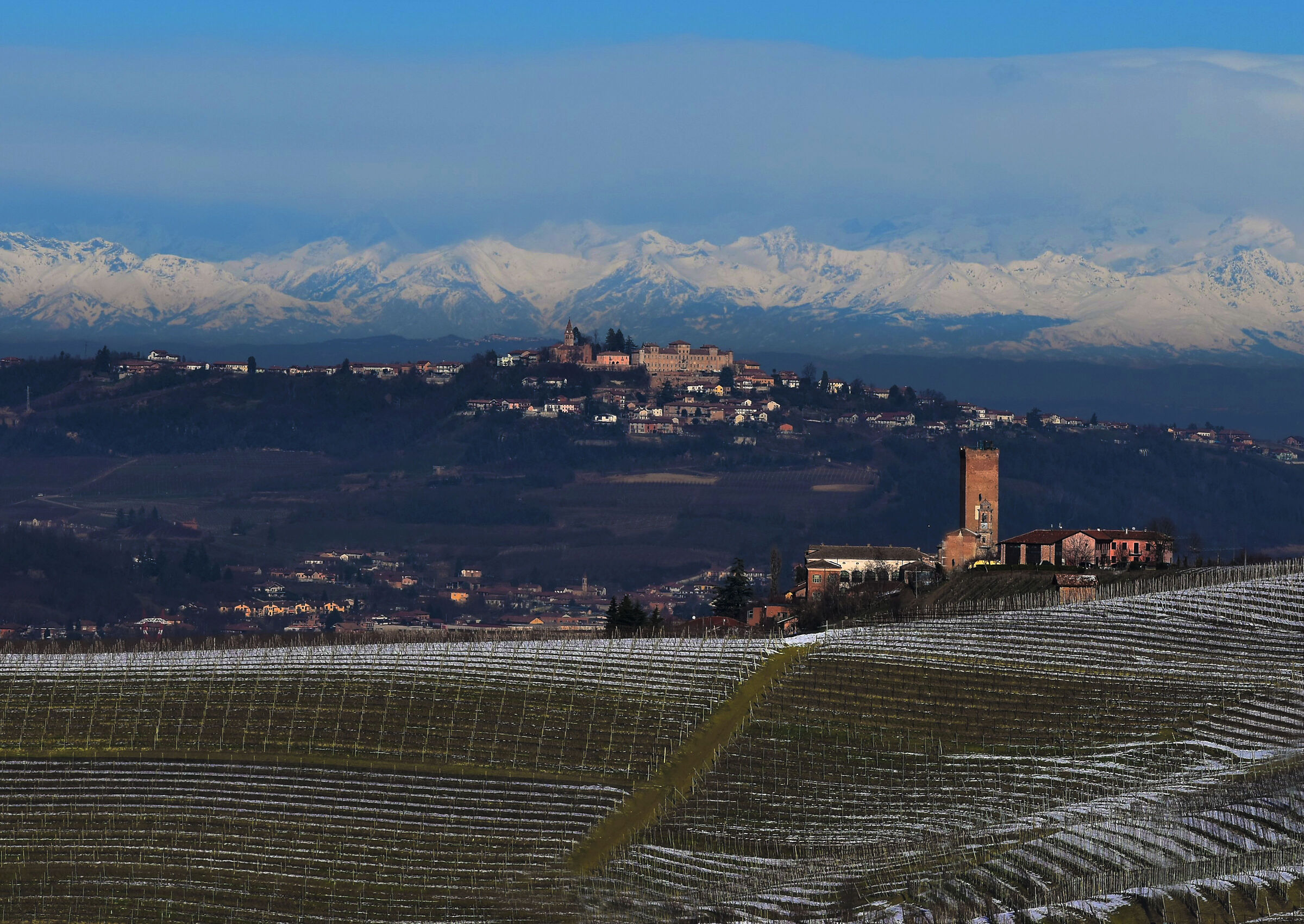 Barbaresco Tower and  Alps