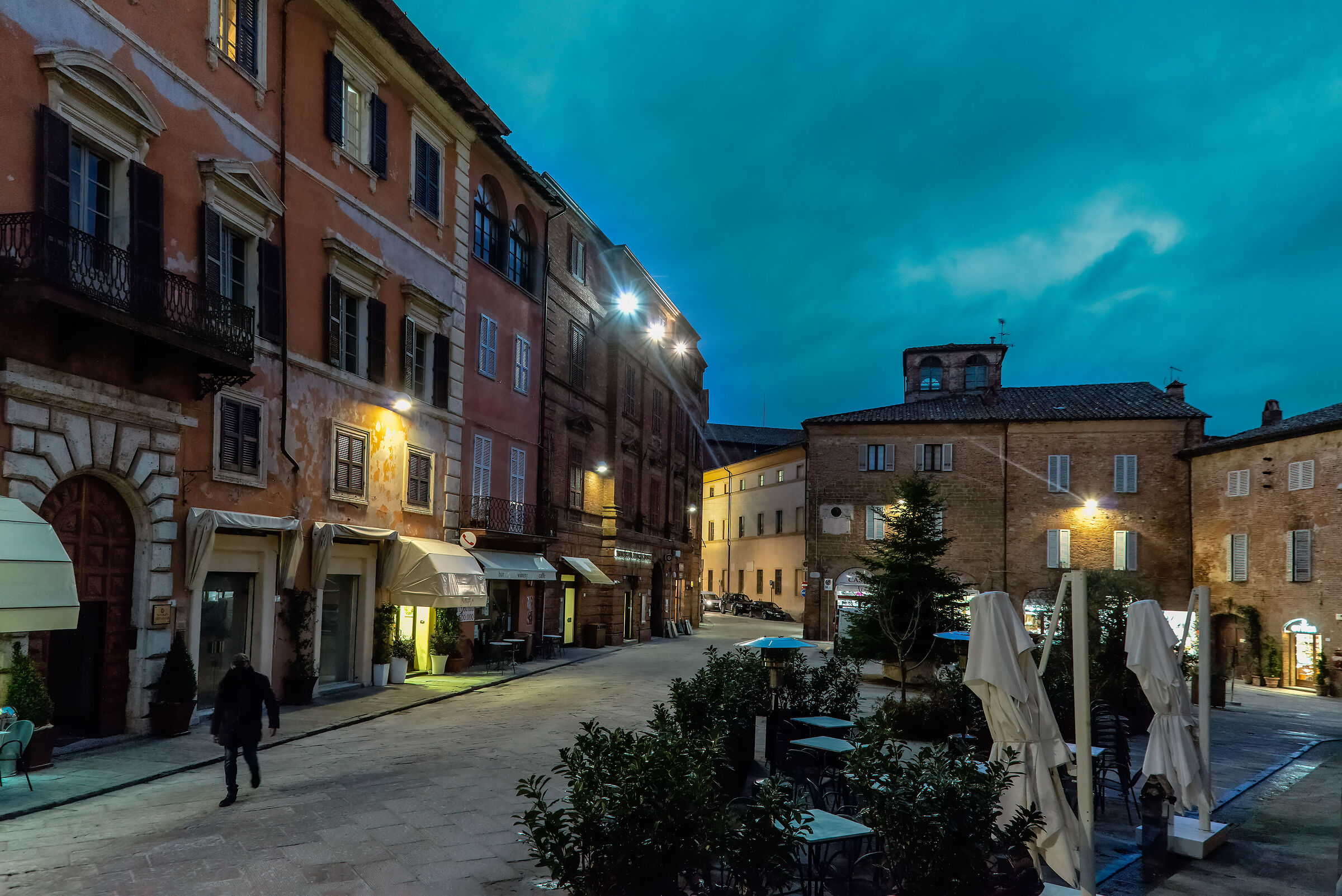 square of the city of the parish church at the blue hour