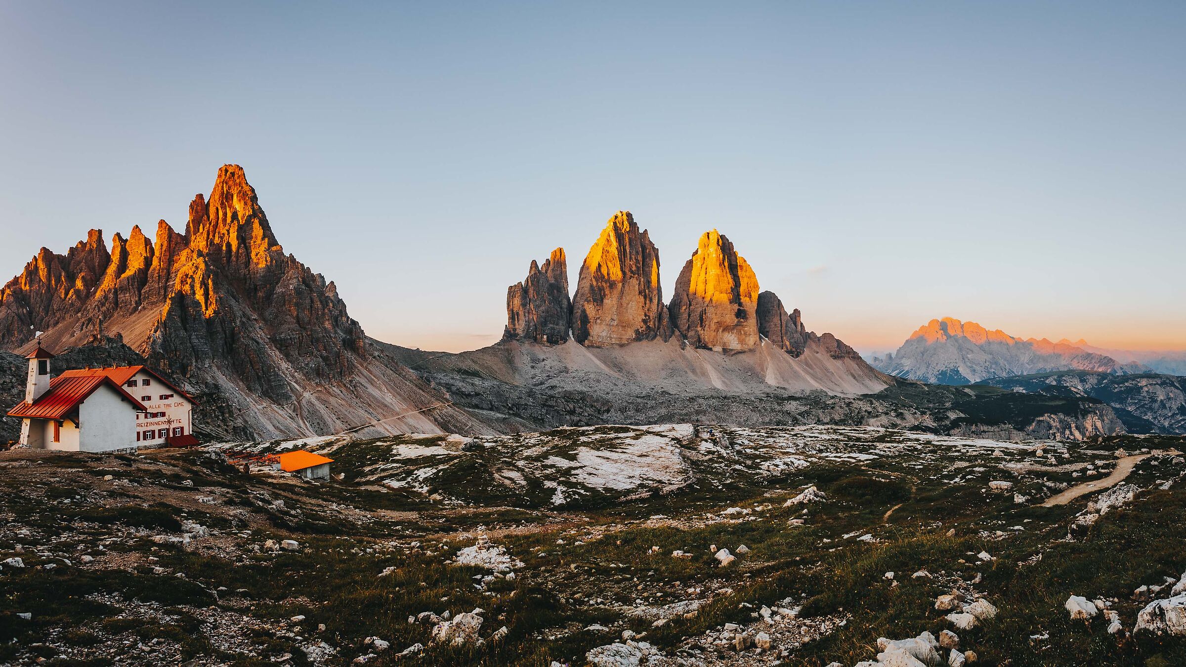 Sunrise from the Locatelli Hut to the Three Peaks of Lavared...