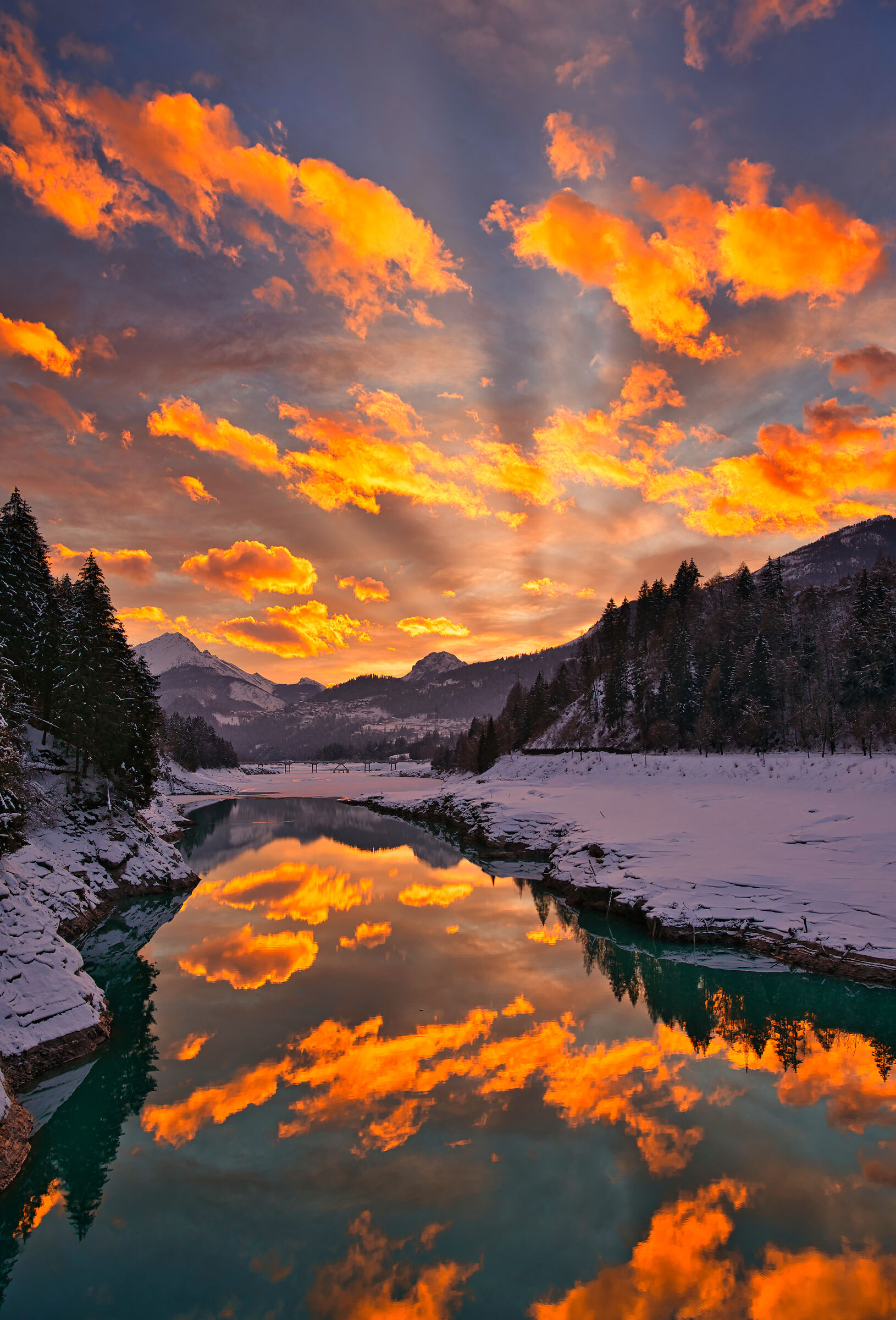 Lake Centro Cadore, burning at sunset