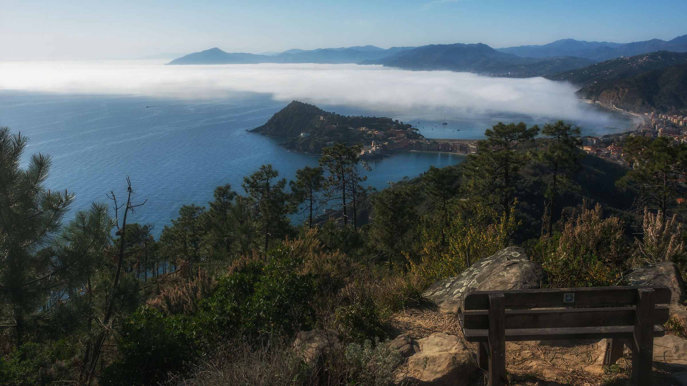 A bench with a view of Sestri Levante