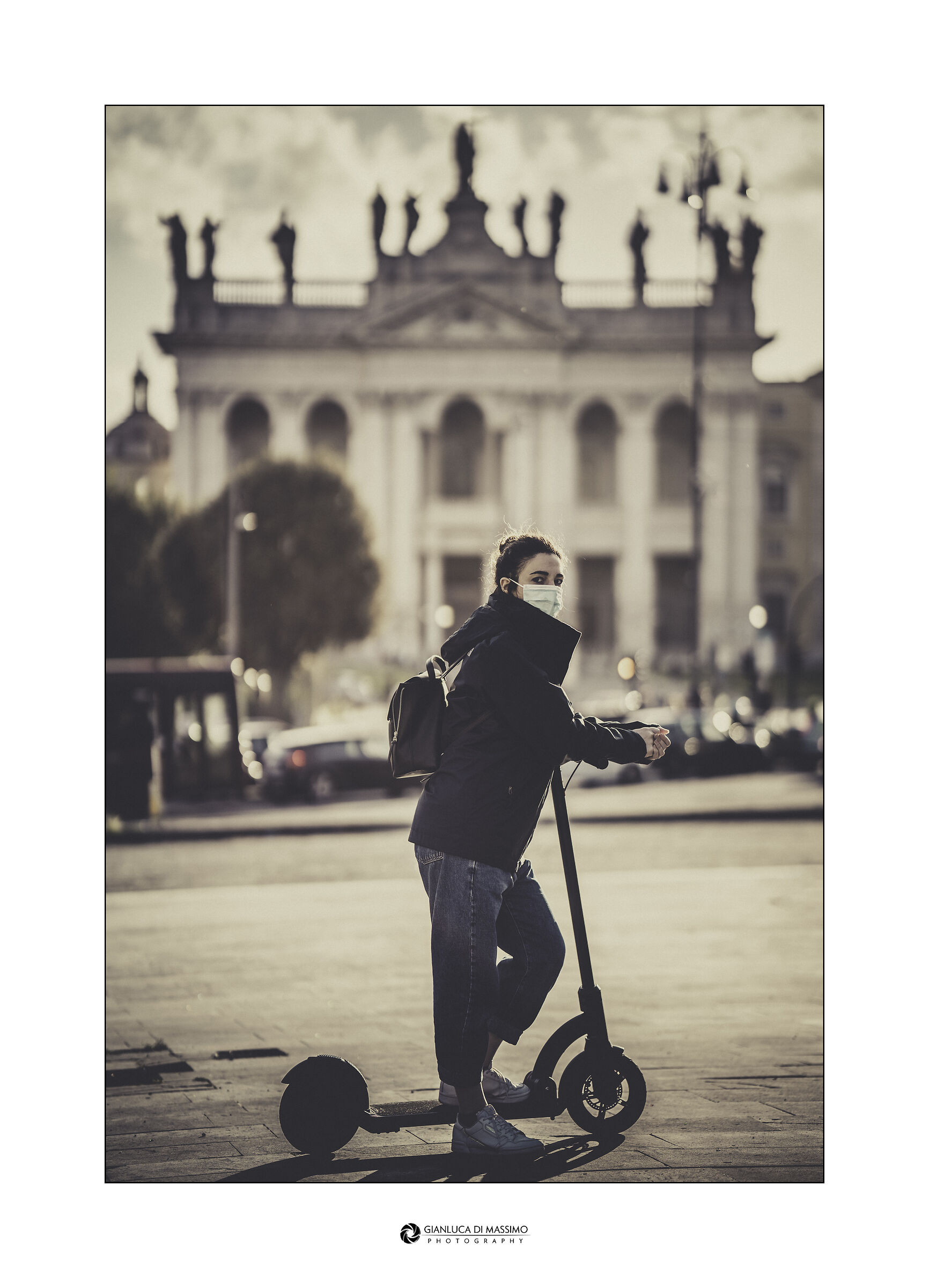 Masked Lady and Scooter on Roman Basilica