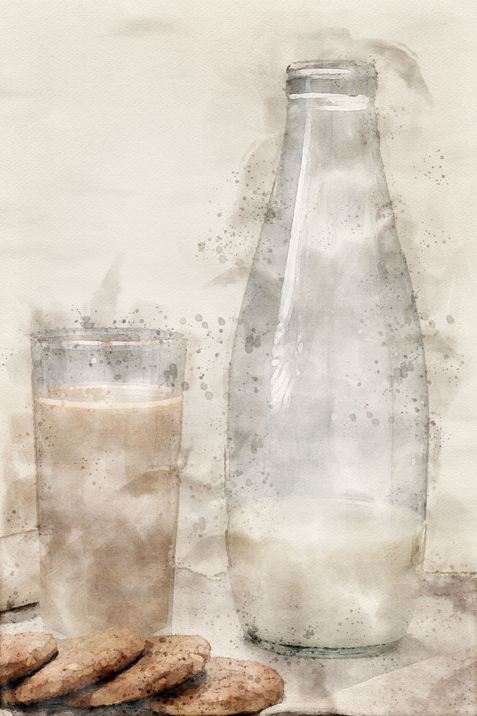 bicchiere caffèlatte con biscotti e bottiglia latte d...