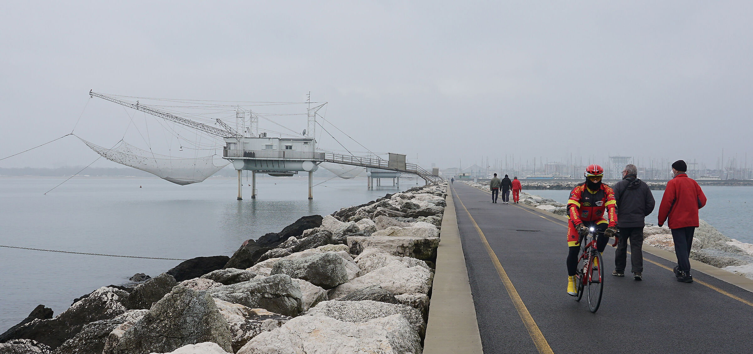 two steps on the gray pier