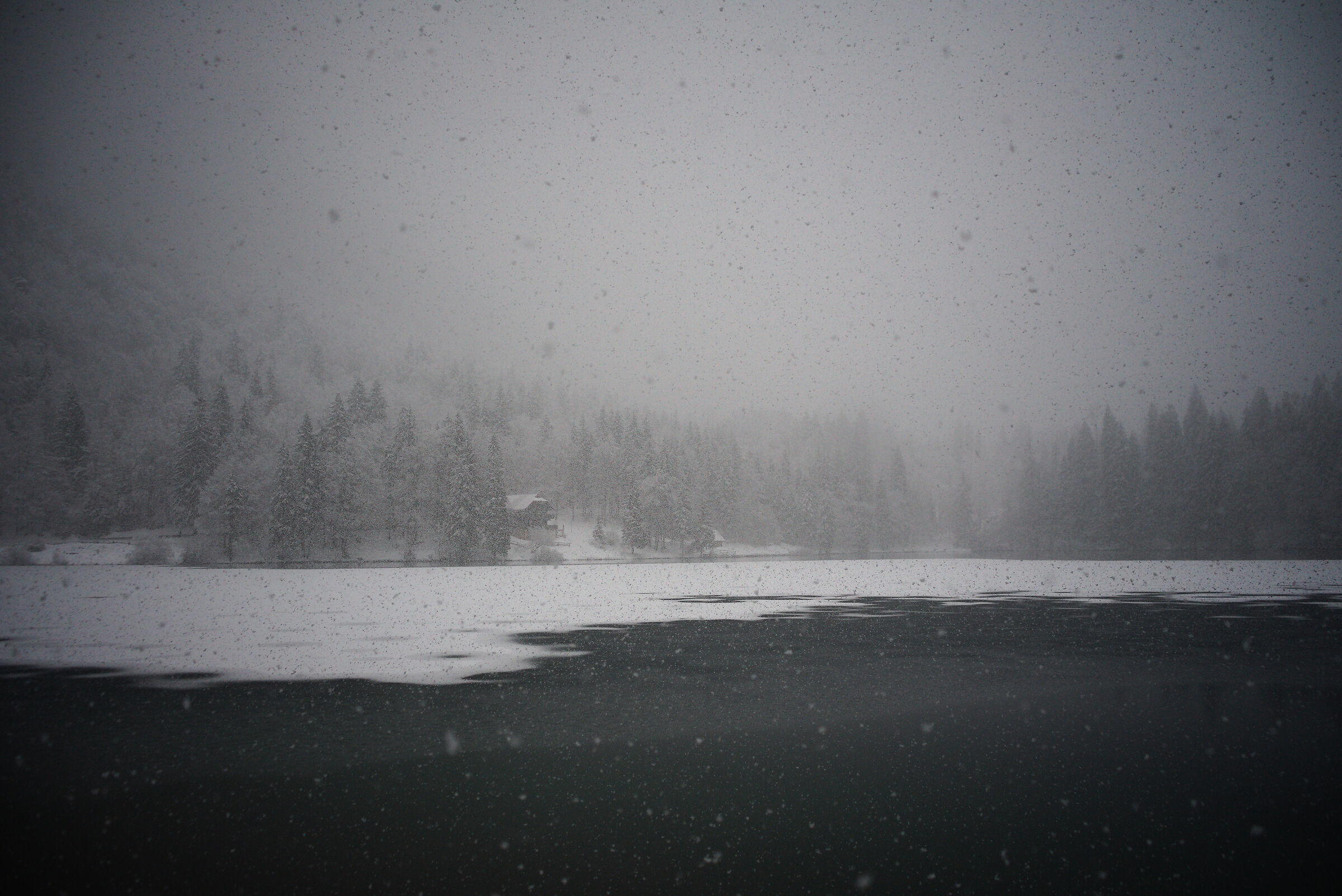Fusine Lakes during a beautiful snowfall