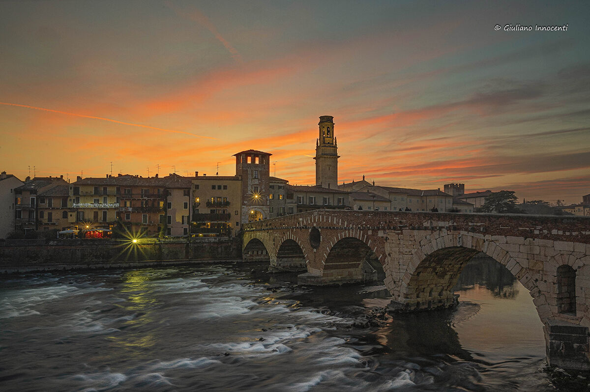 It is evening and the city is colored....