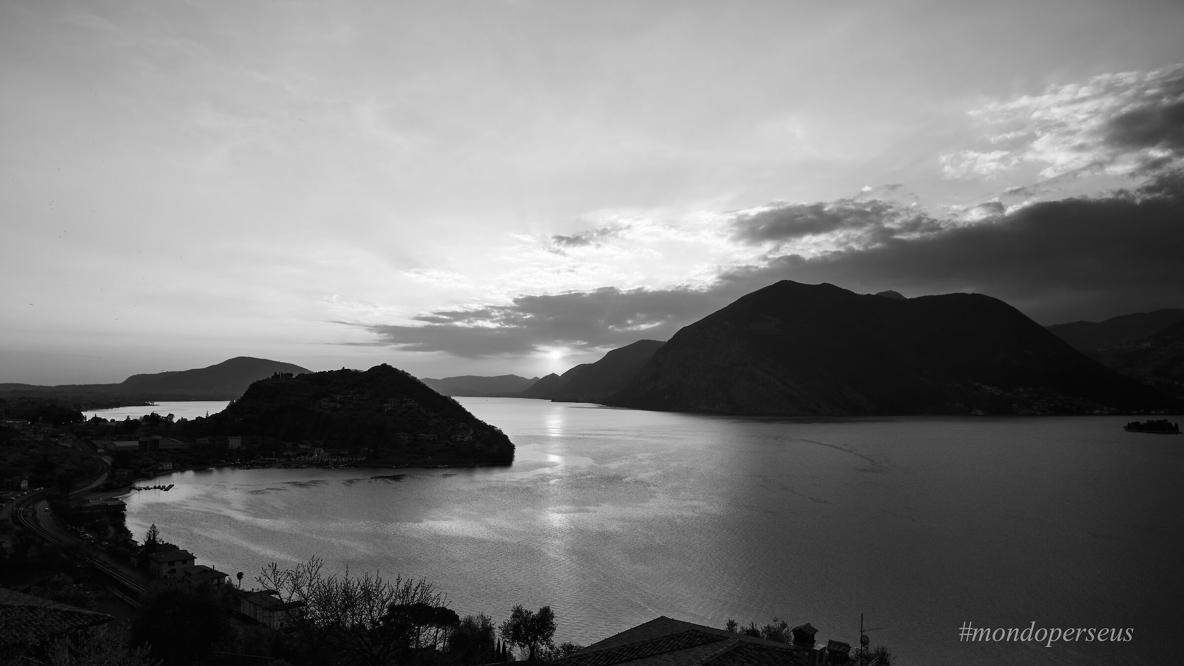 Lake Isei at sunset BW