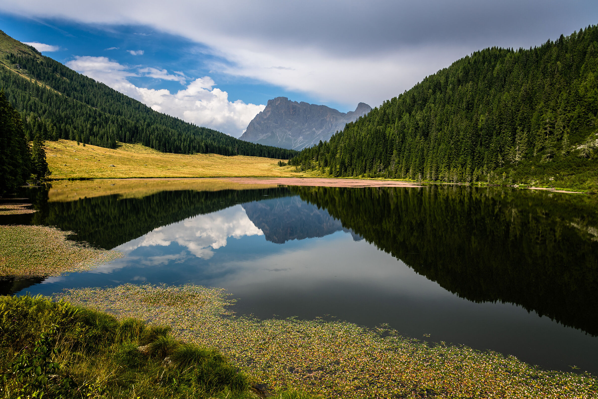 The Cimon della Pala is reflected in Lake Calaita