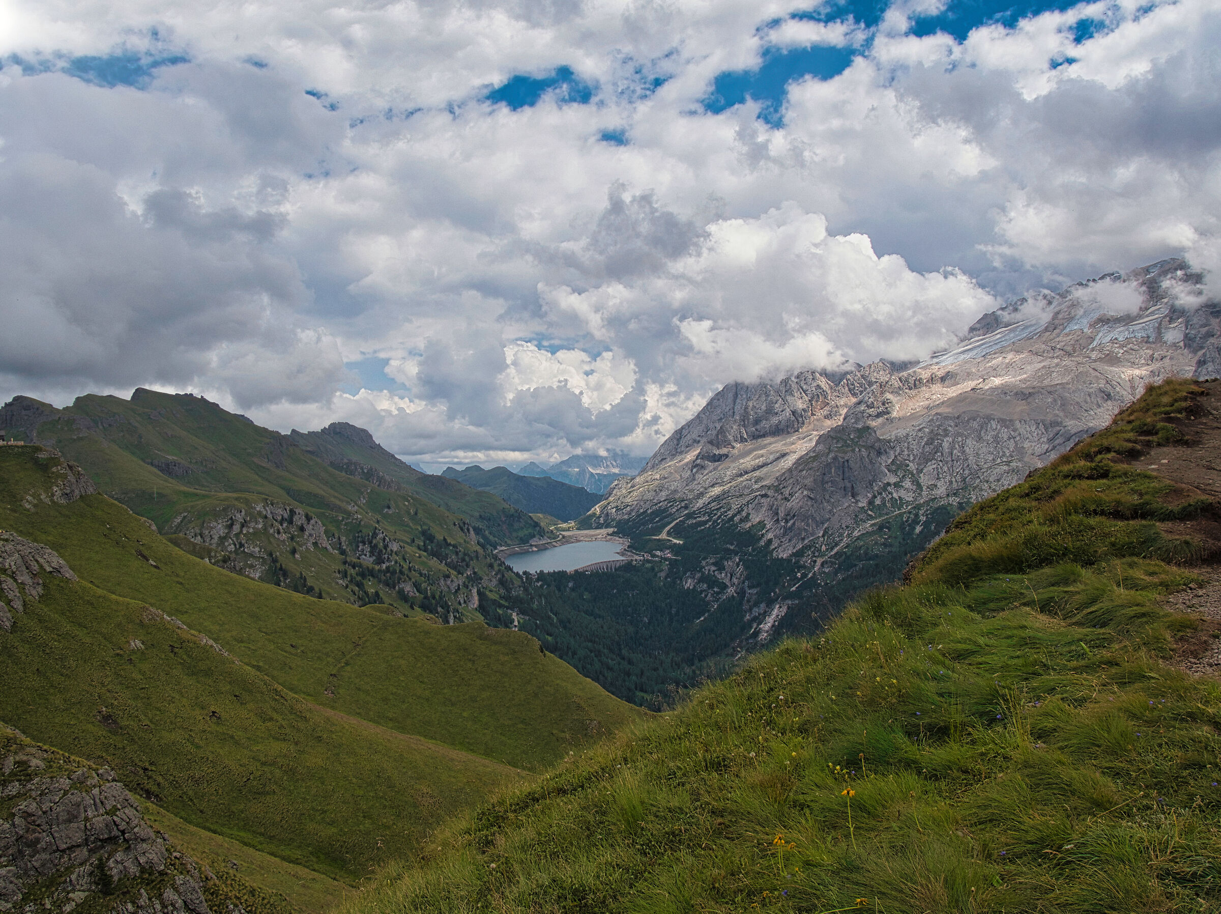 The Marmolada and Lake Fedaia from the Viel del Pan