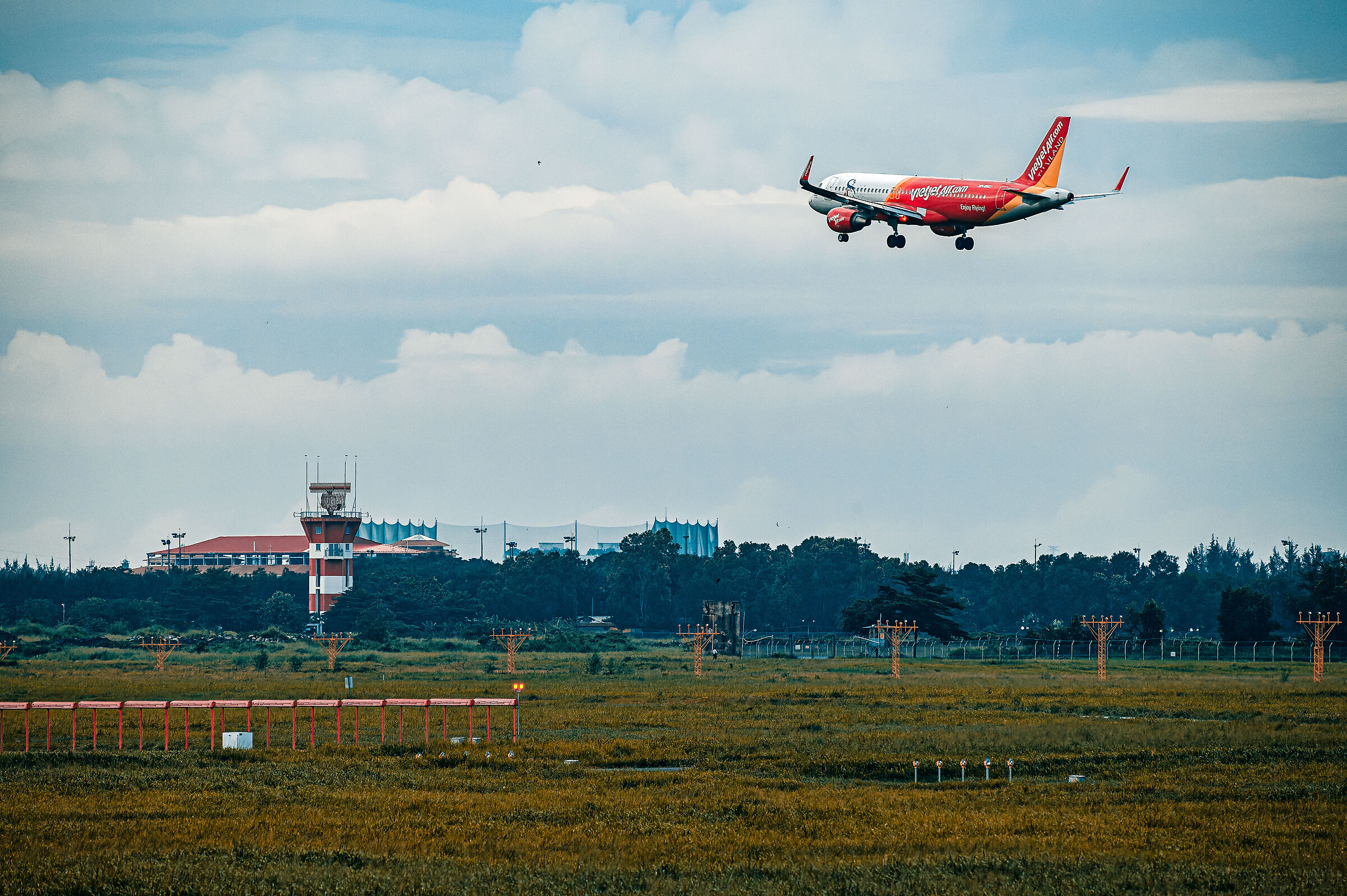 Airplane is landing at the airport