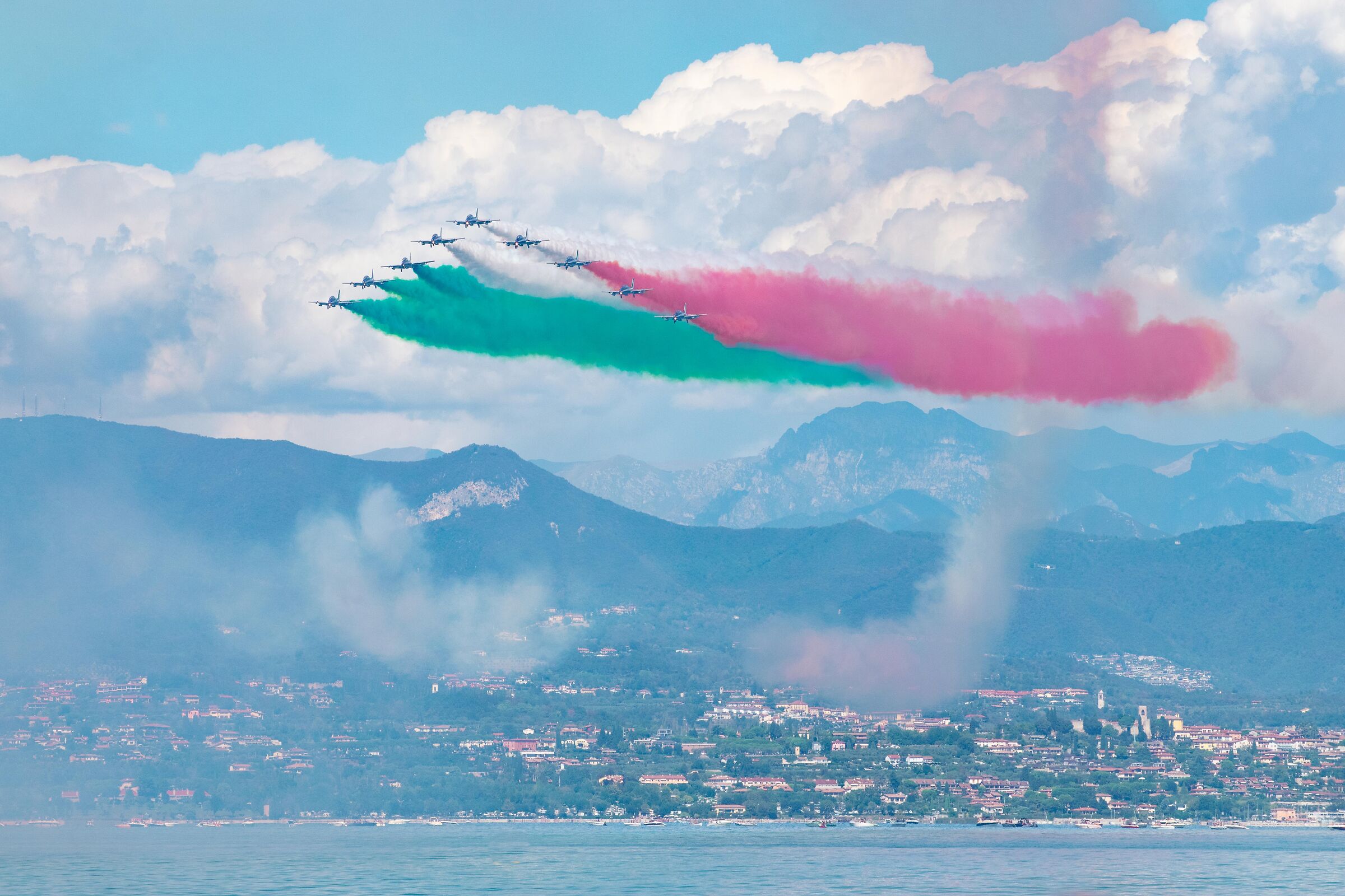 The Frecce Tricolore against the backdrop of Lake Garda