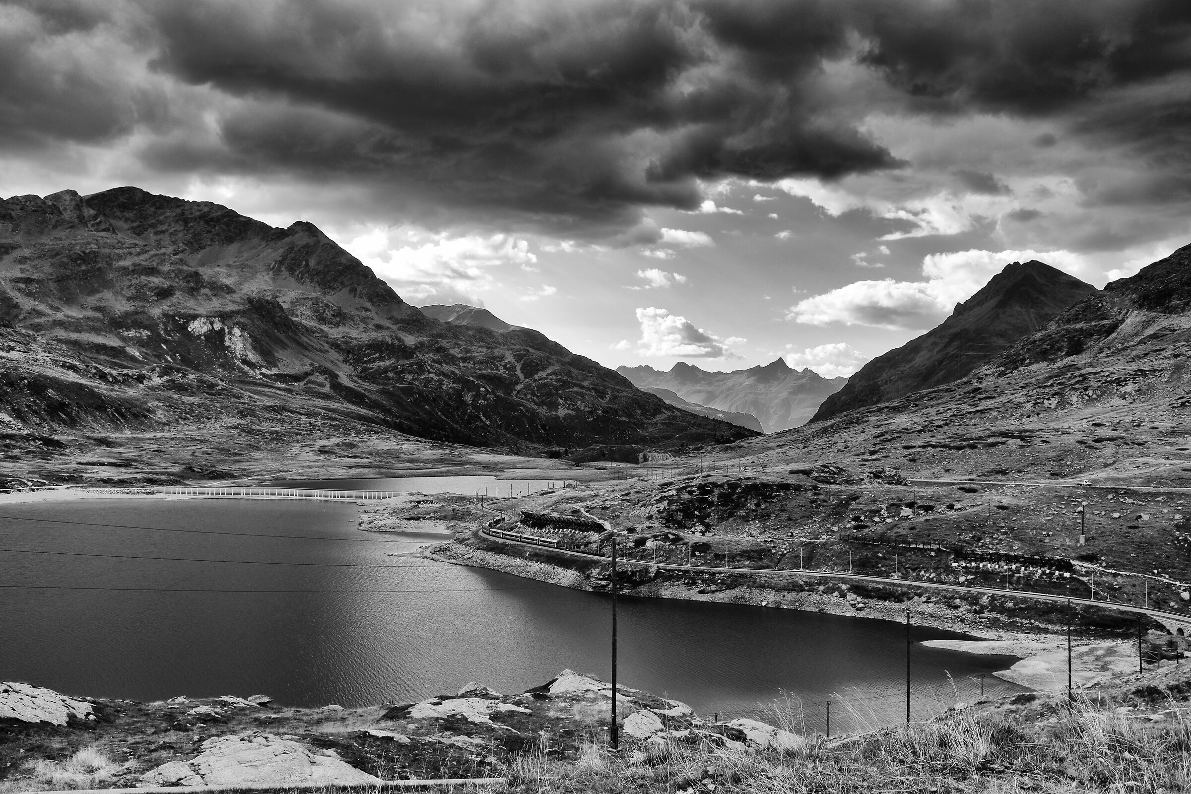 Bernina Pass and Bernina express bw