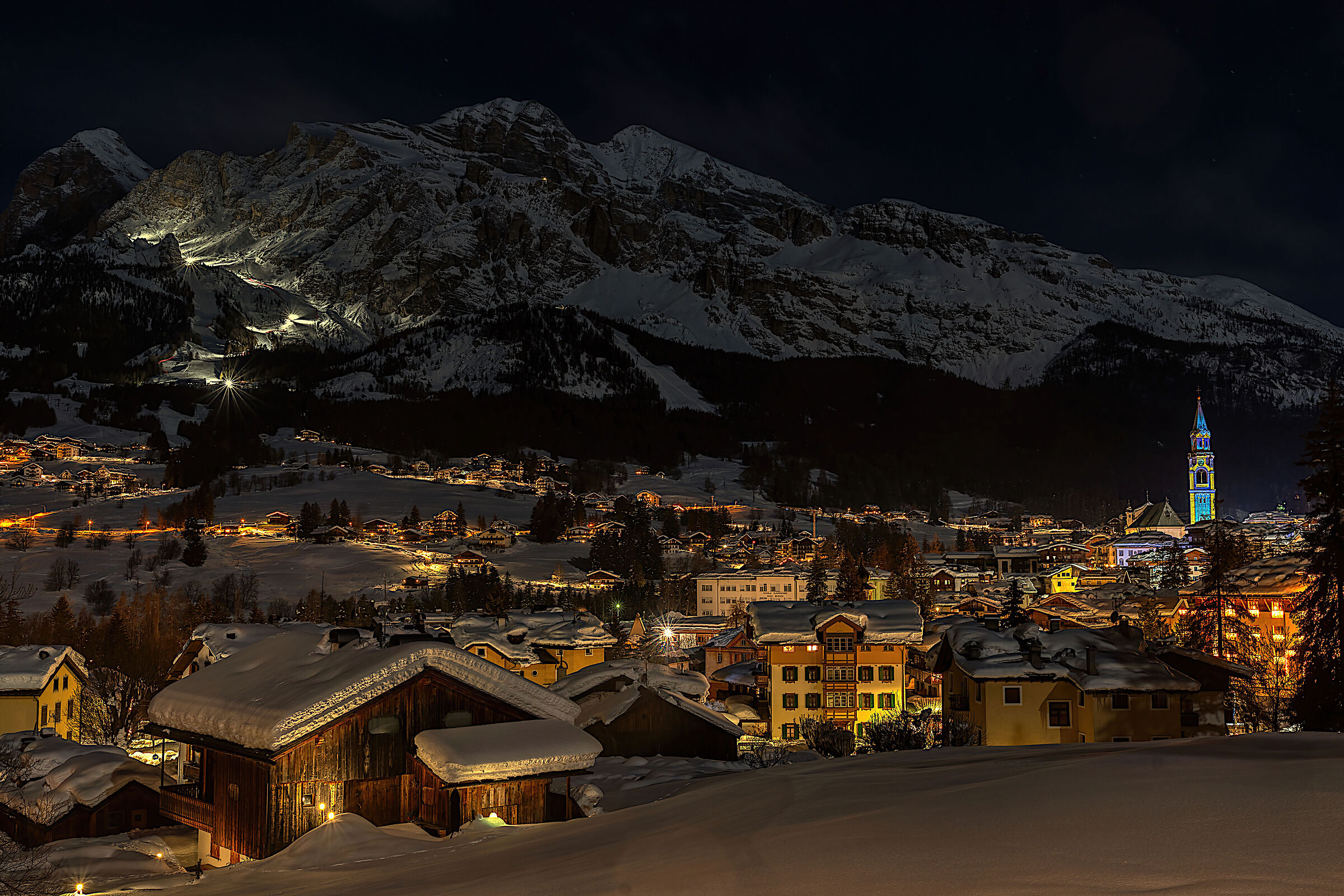 Cortina night view on the illuminated Tofane