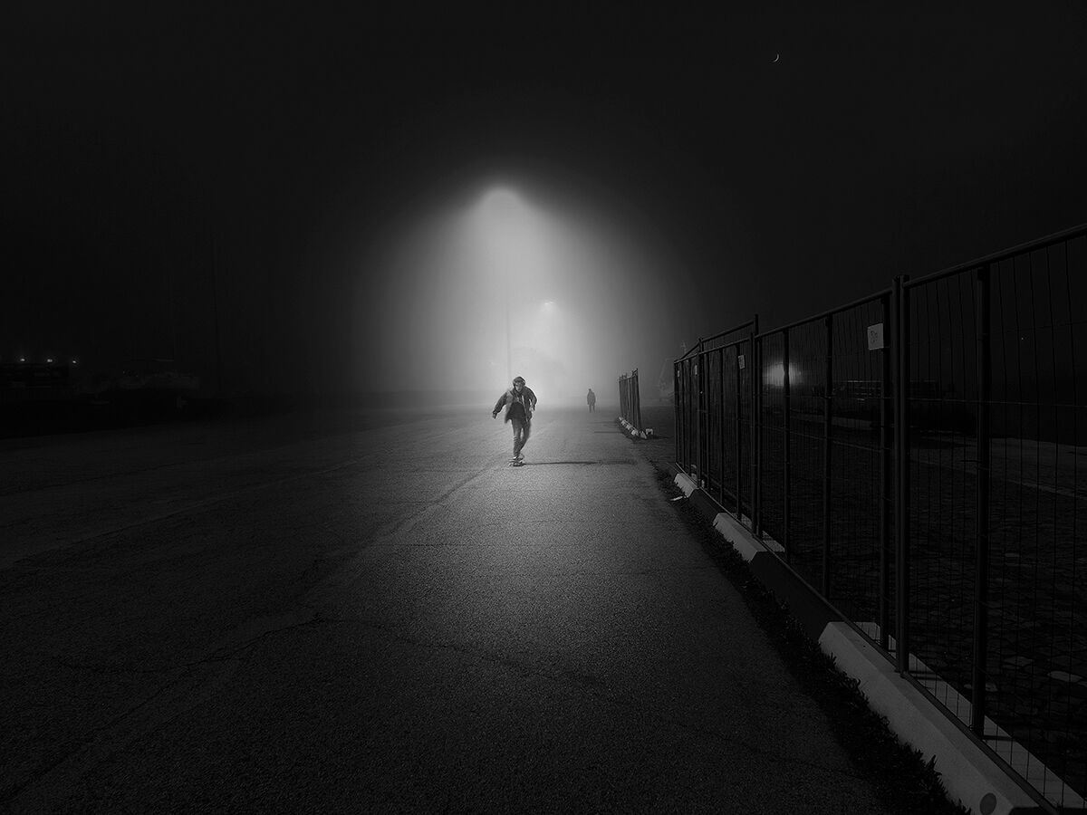 Skateboarding in the fog