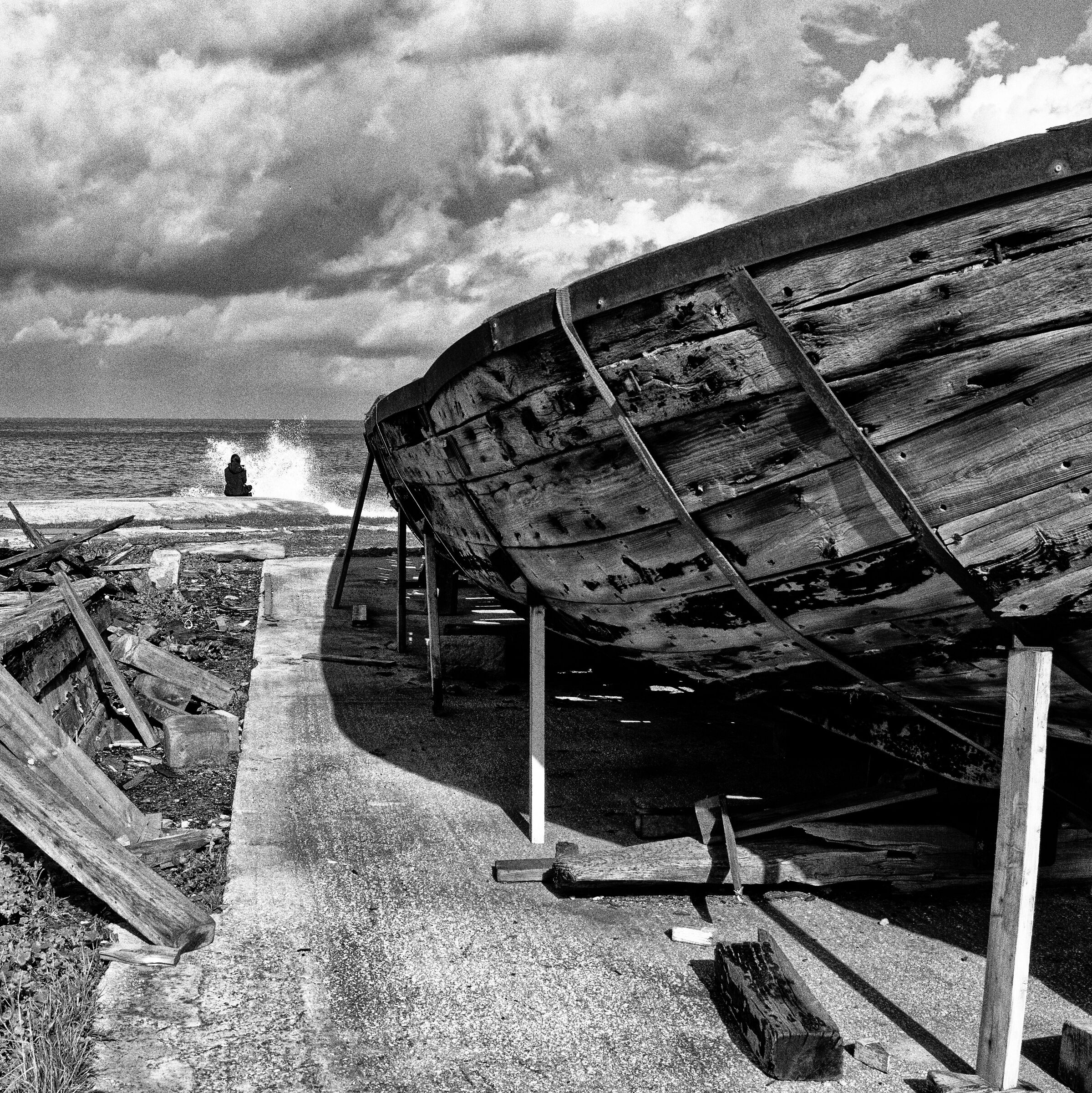 Ancient tonnara boat under restoration