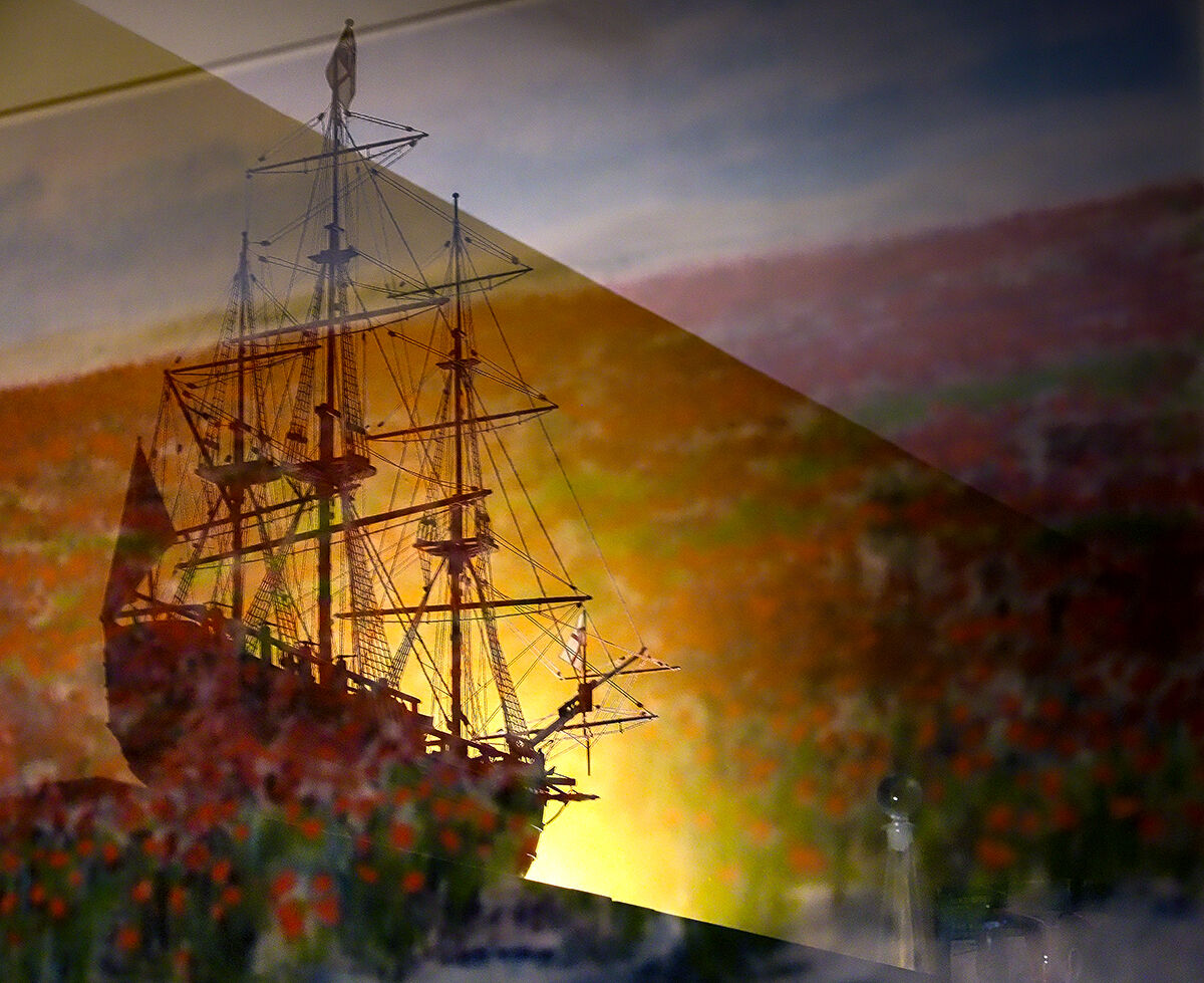 Model of sailing ship reflected on a picture of red flowers....