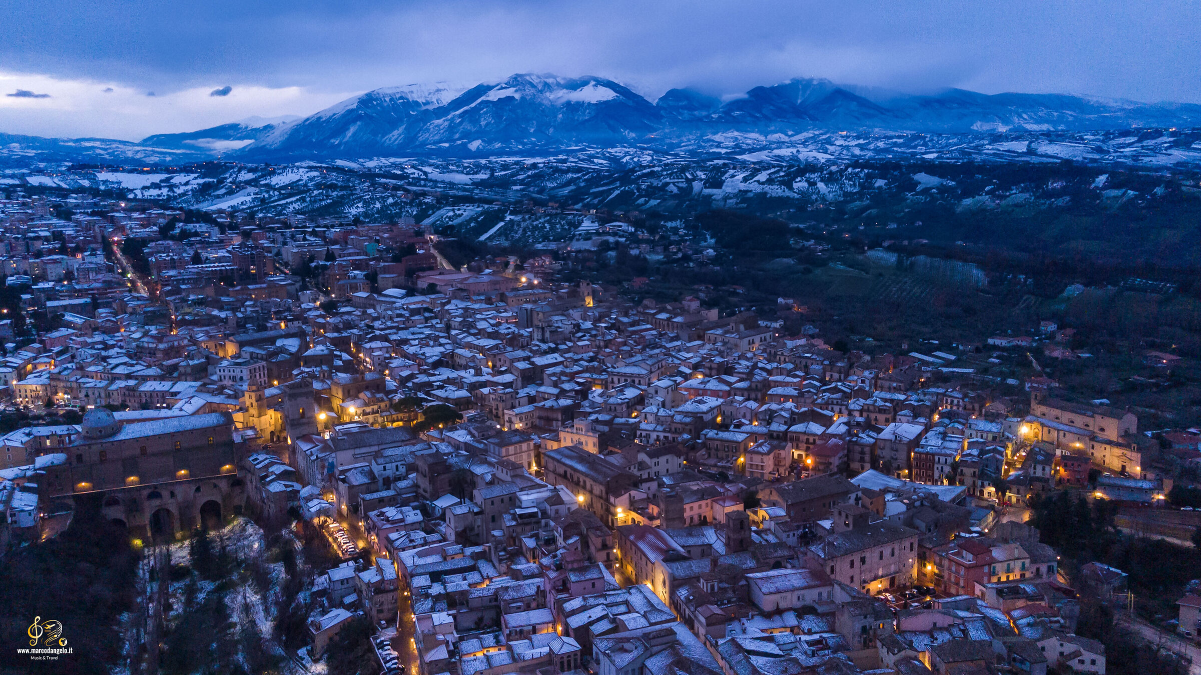Lanciano in winter dress with the Maiella in the background