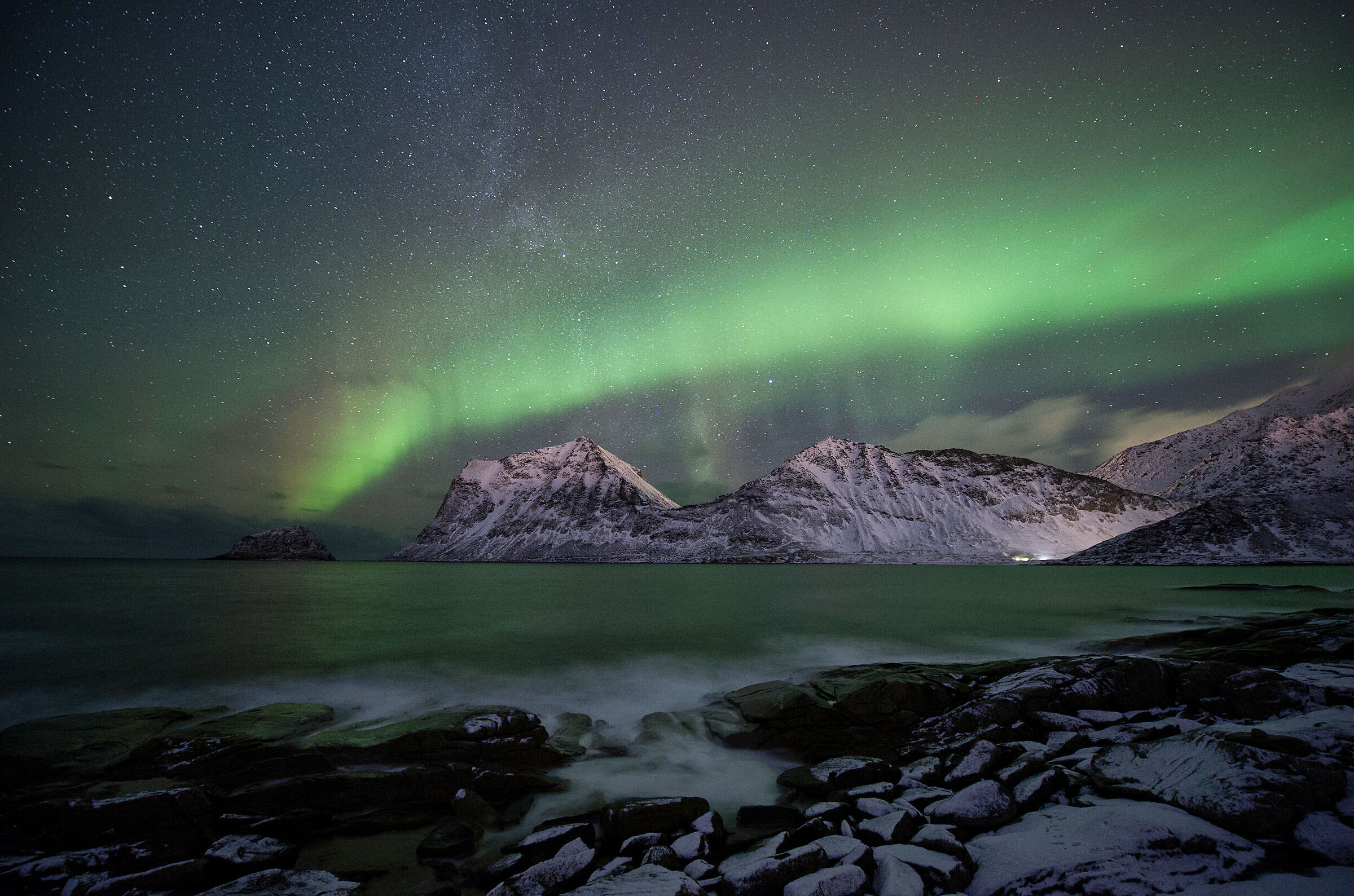 Aurora boreale ad Haukland Beach