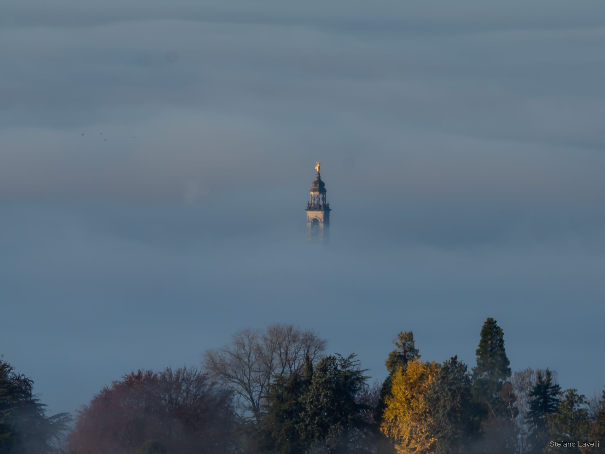 Bell tower emerging from the fog