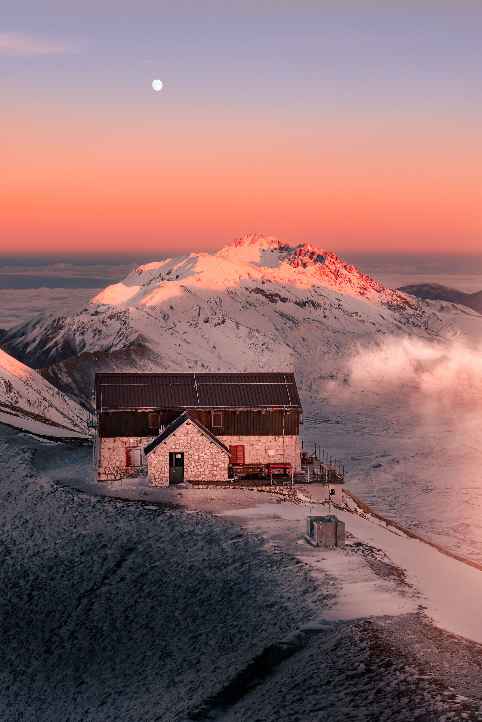 Gran Sasso and Duca degli Abruzzi refuge at sunset