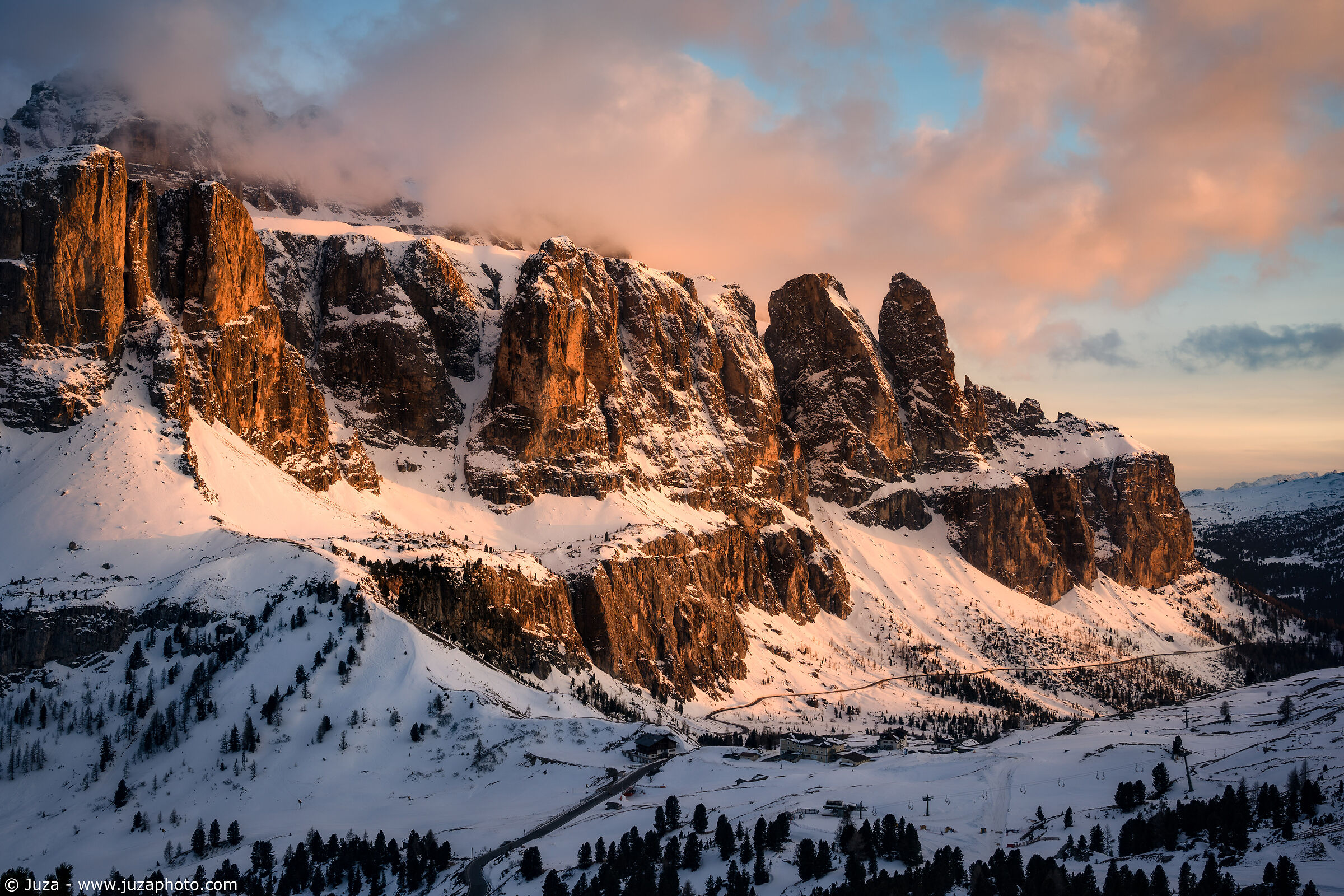 A snowy Passo Gardena