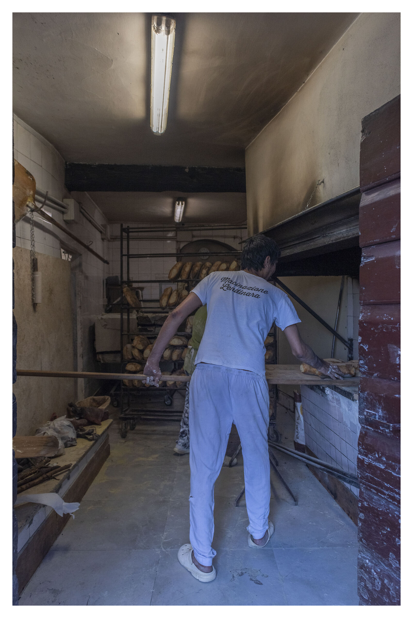 Wood-burning oven at work