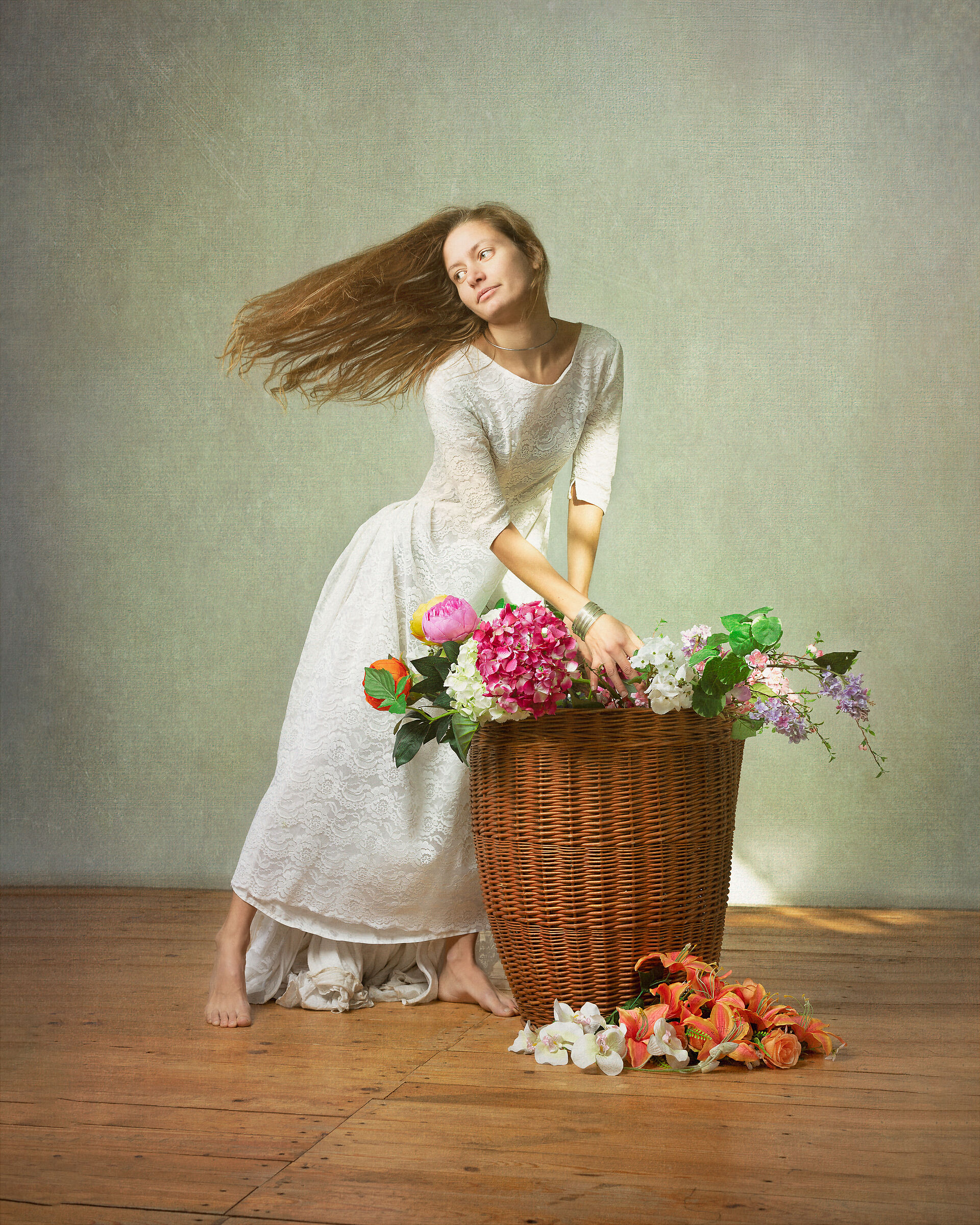 and the basket of flowers