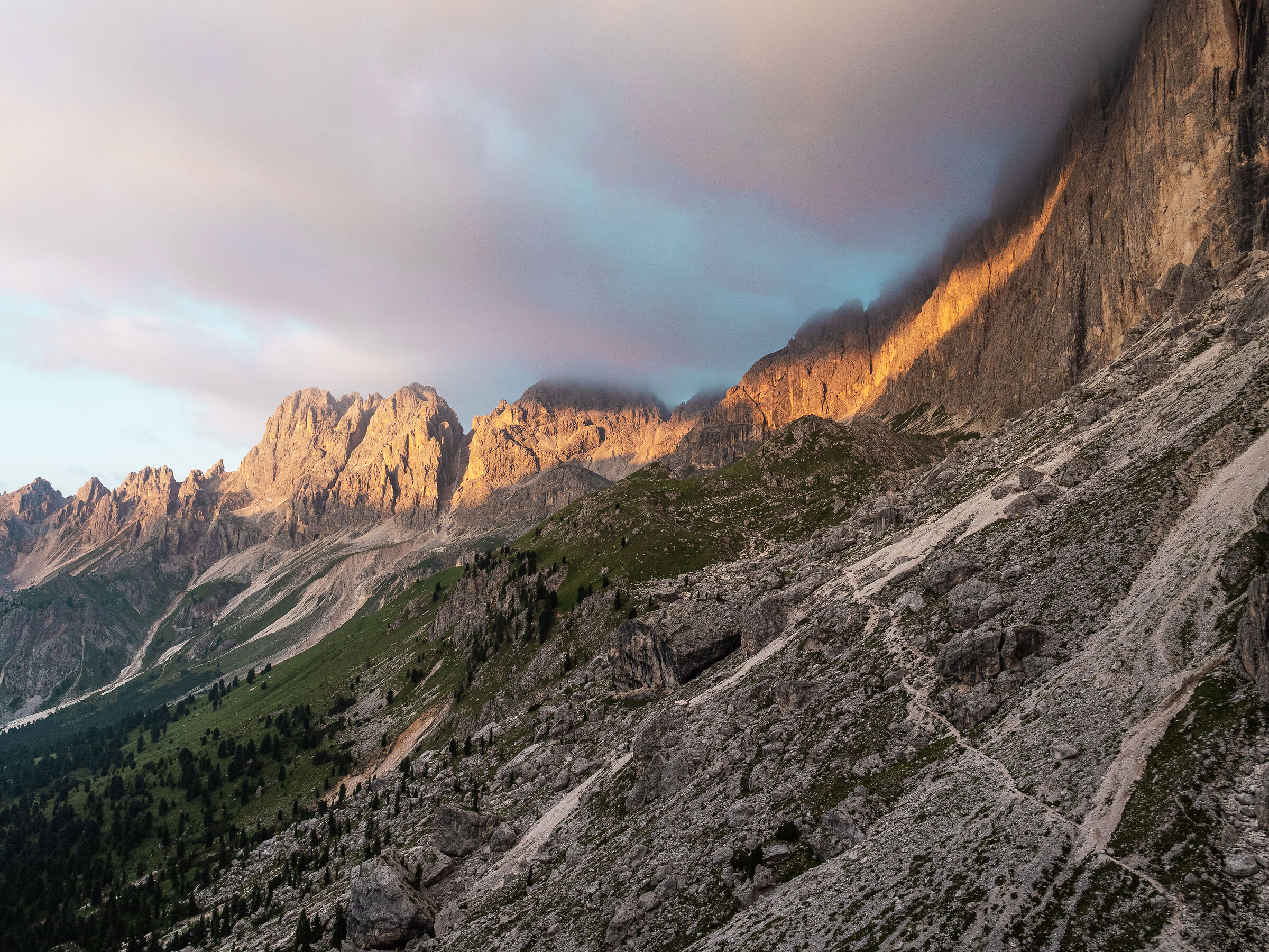 Blade of light at dawn in the Catinaccio Group.