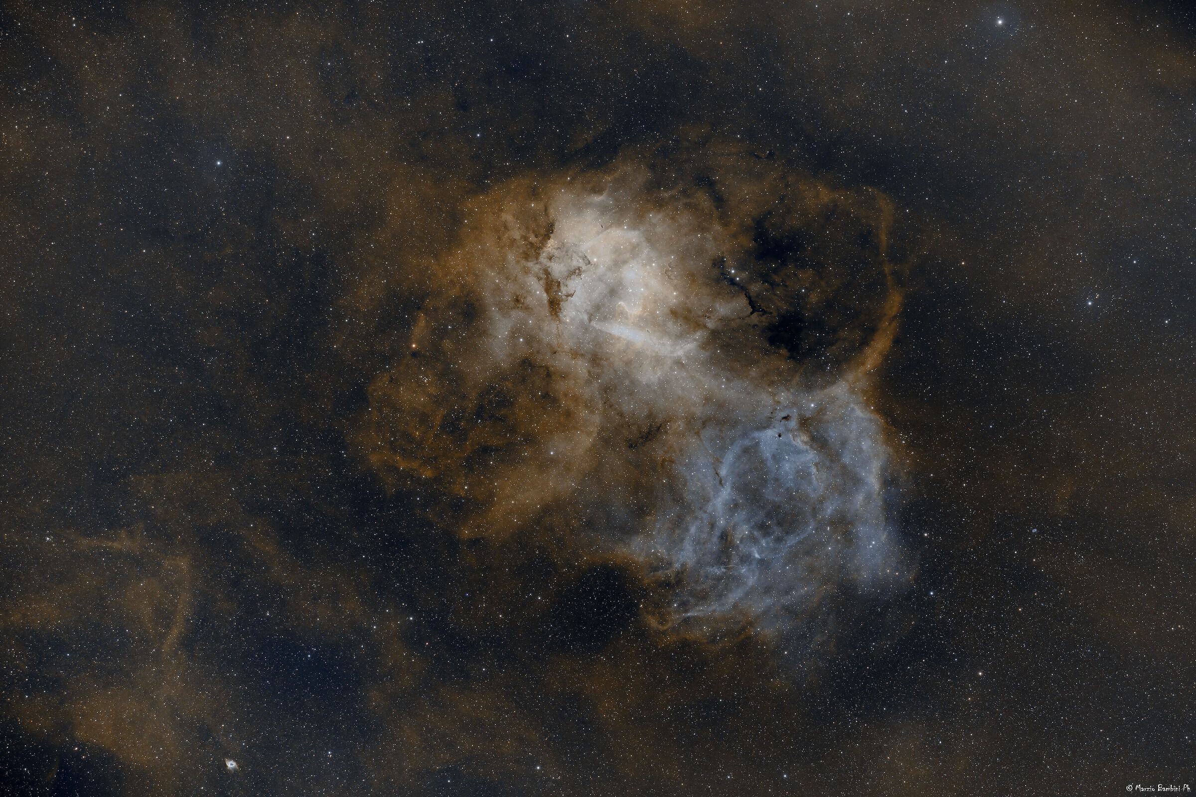 Sh2-132 (Lion Nebula) and Pk 102-2.1 (Planetary Nebula)