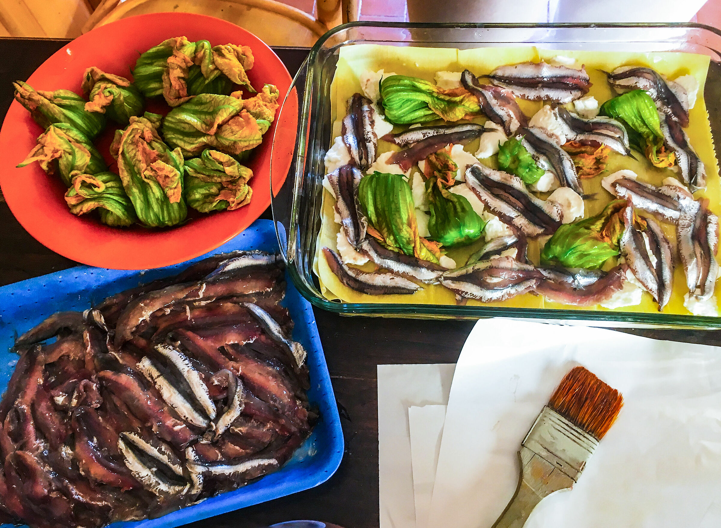 Lasagne alici e fiori di zucca