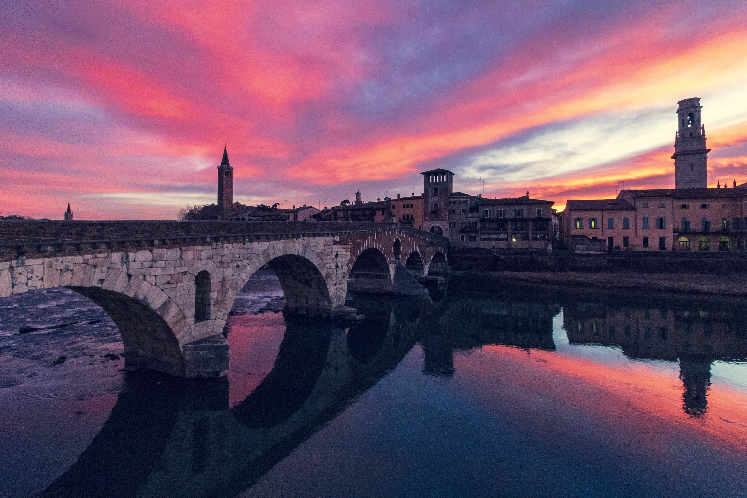 Ponte Pietra, in a rare winter sunset