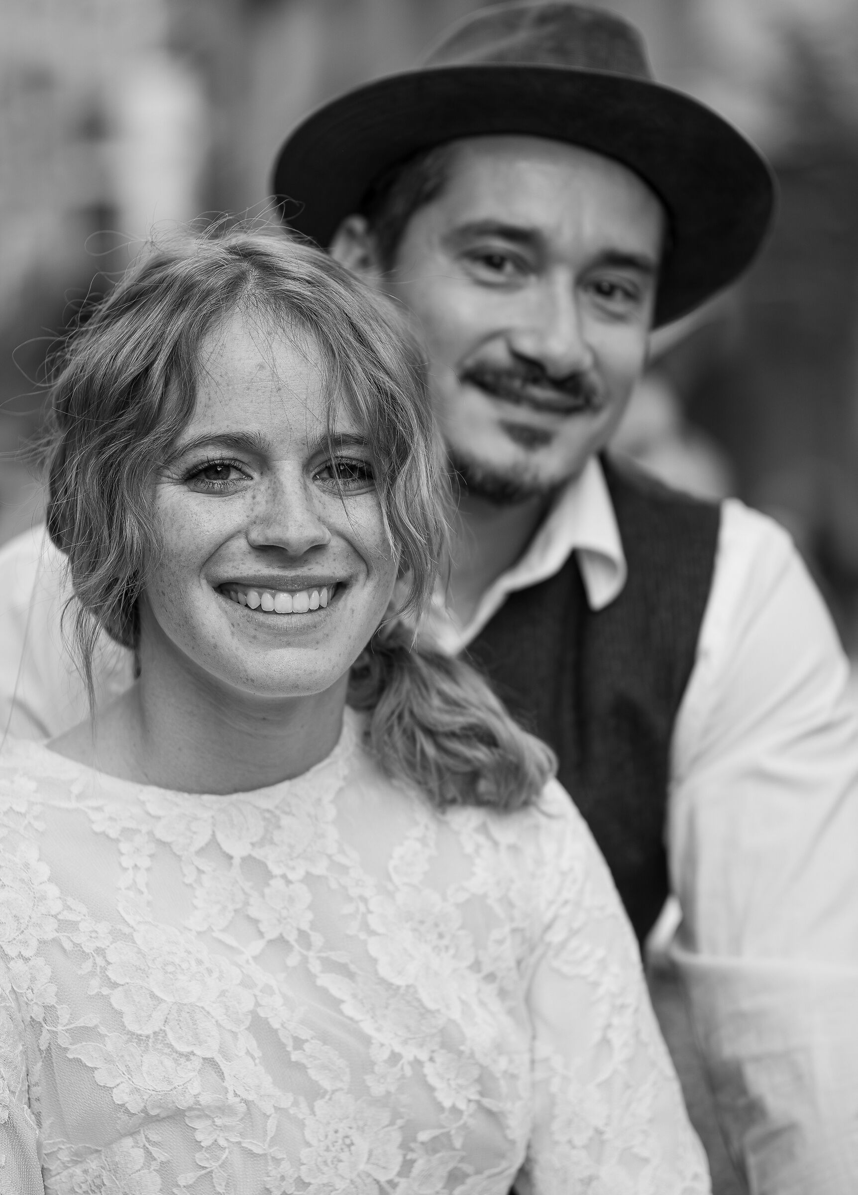 The newlyweds on bicycles.