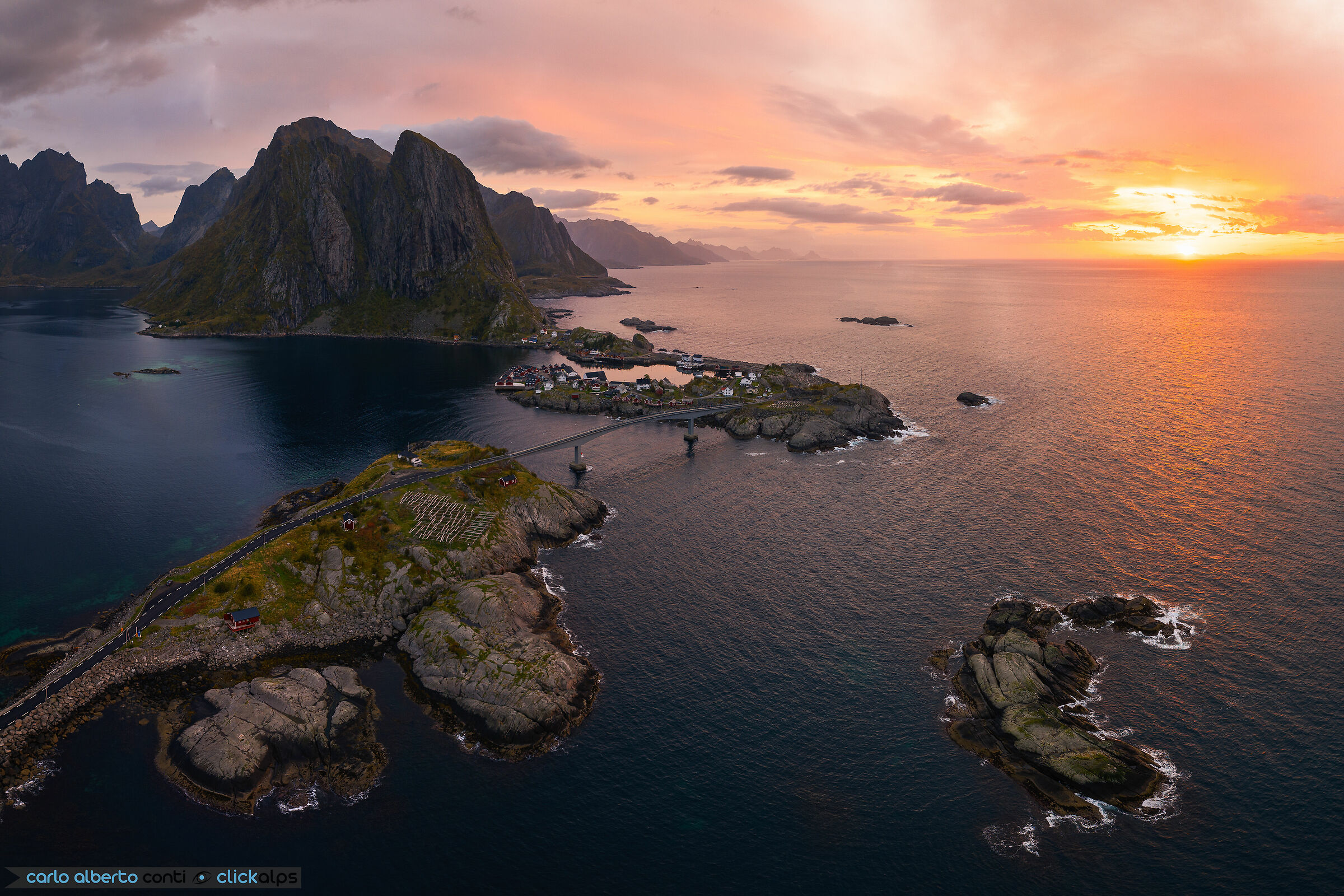 aerial view of Hamnøy at sunrise
