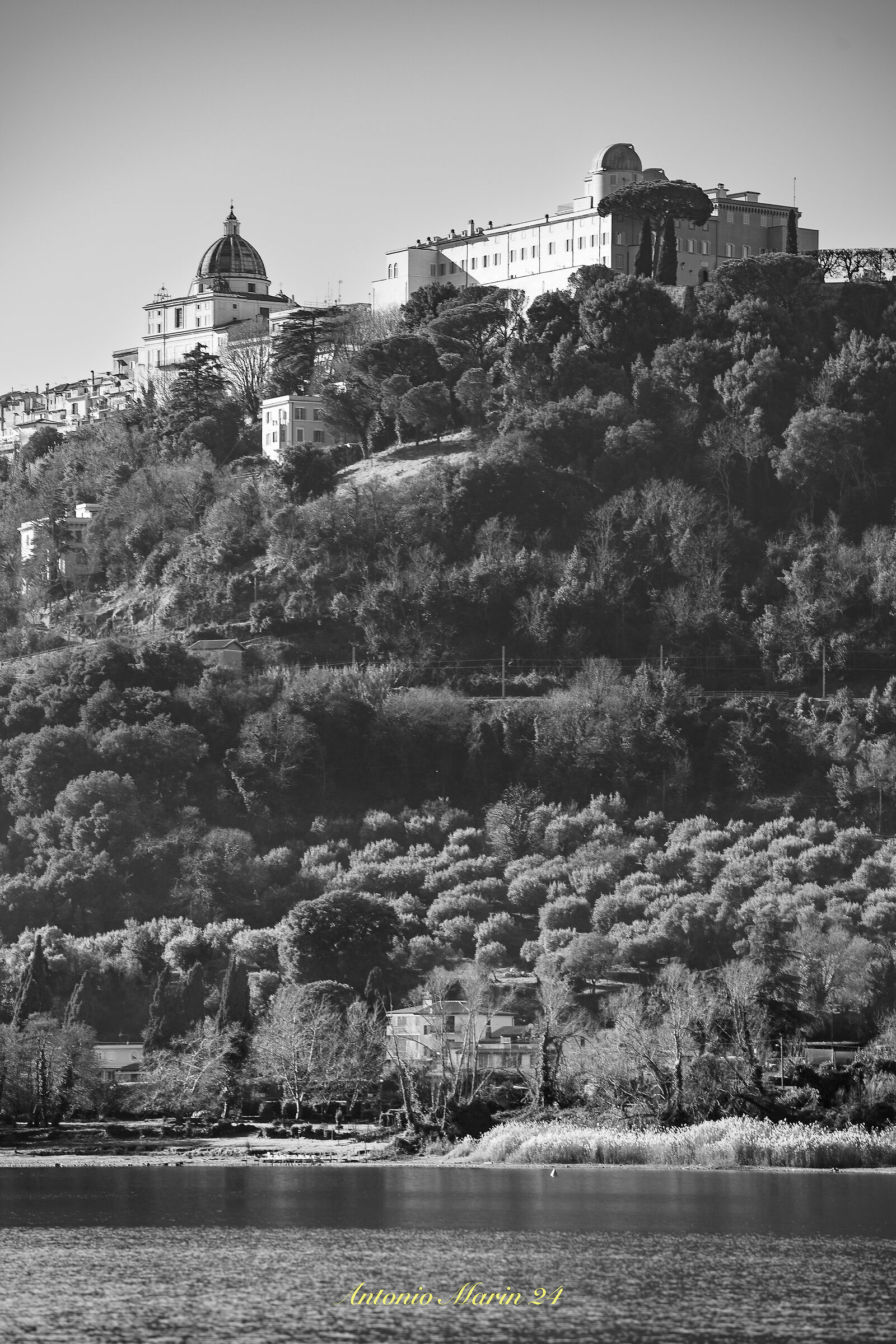 Lake Albano with a view of Castel Gandlofo B/W