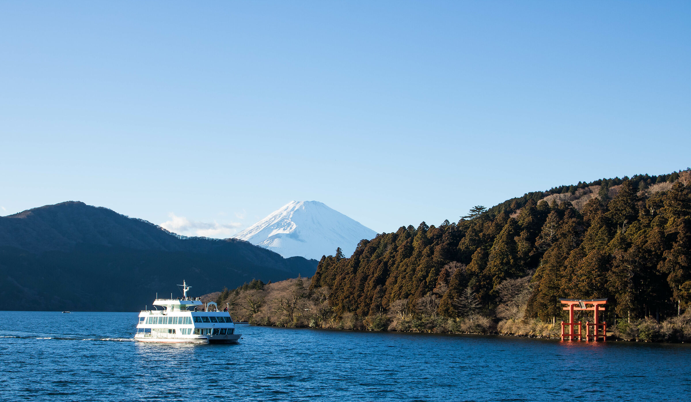 Traghettata sul lago Ashi, sullo sfondo il monte Fuji
