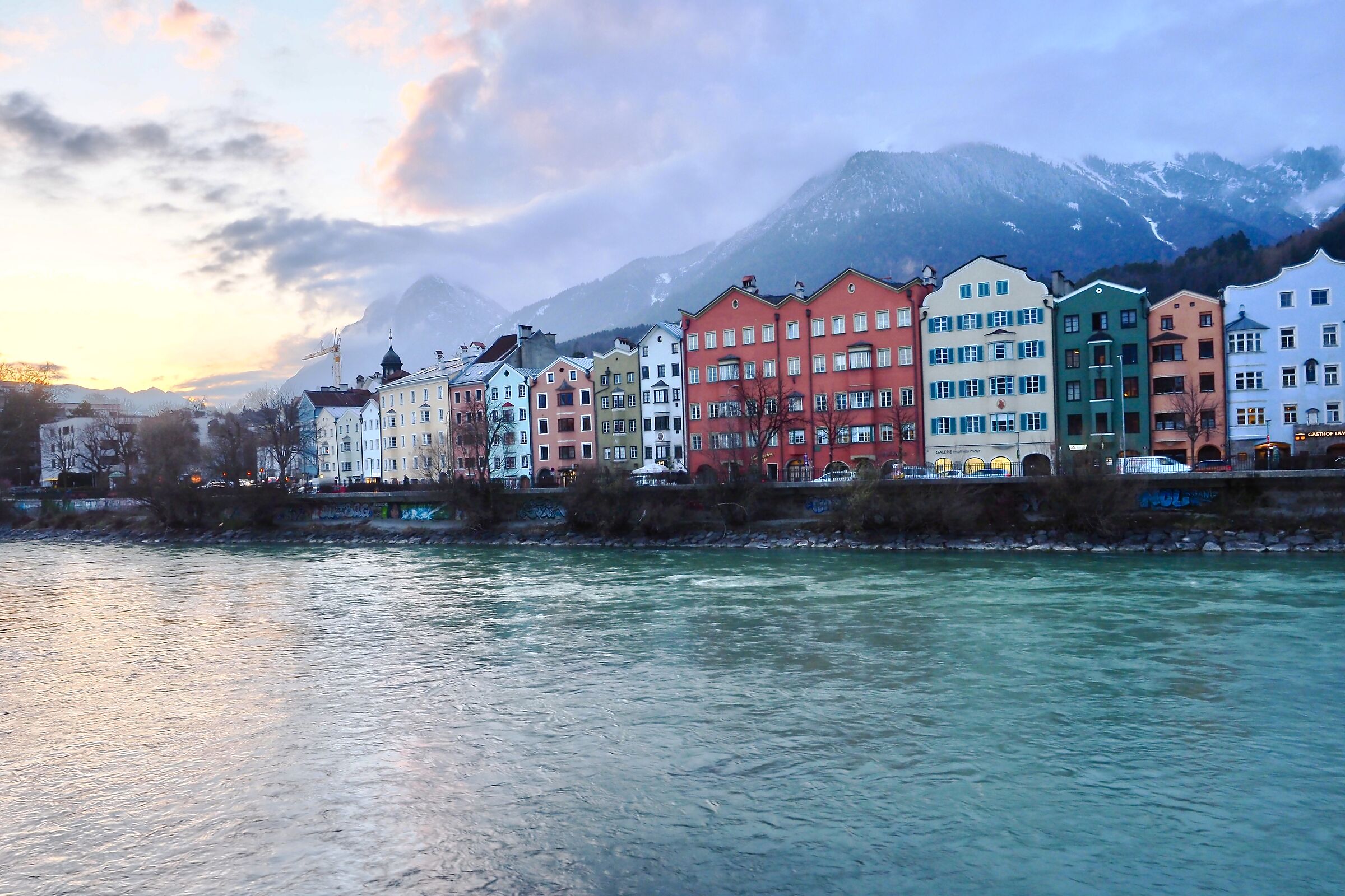 The Rainbow Houses on the River Inn at Sunset