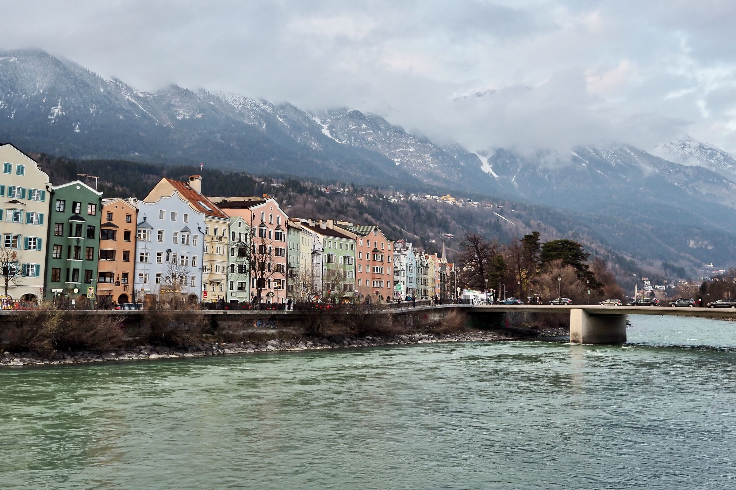 Mountains, river and colourful houses