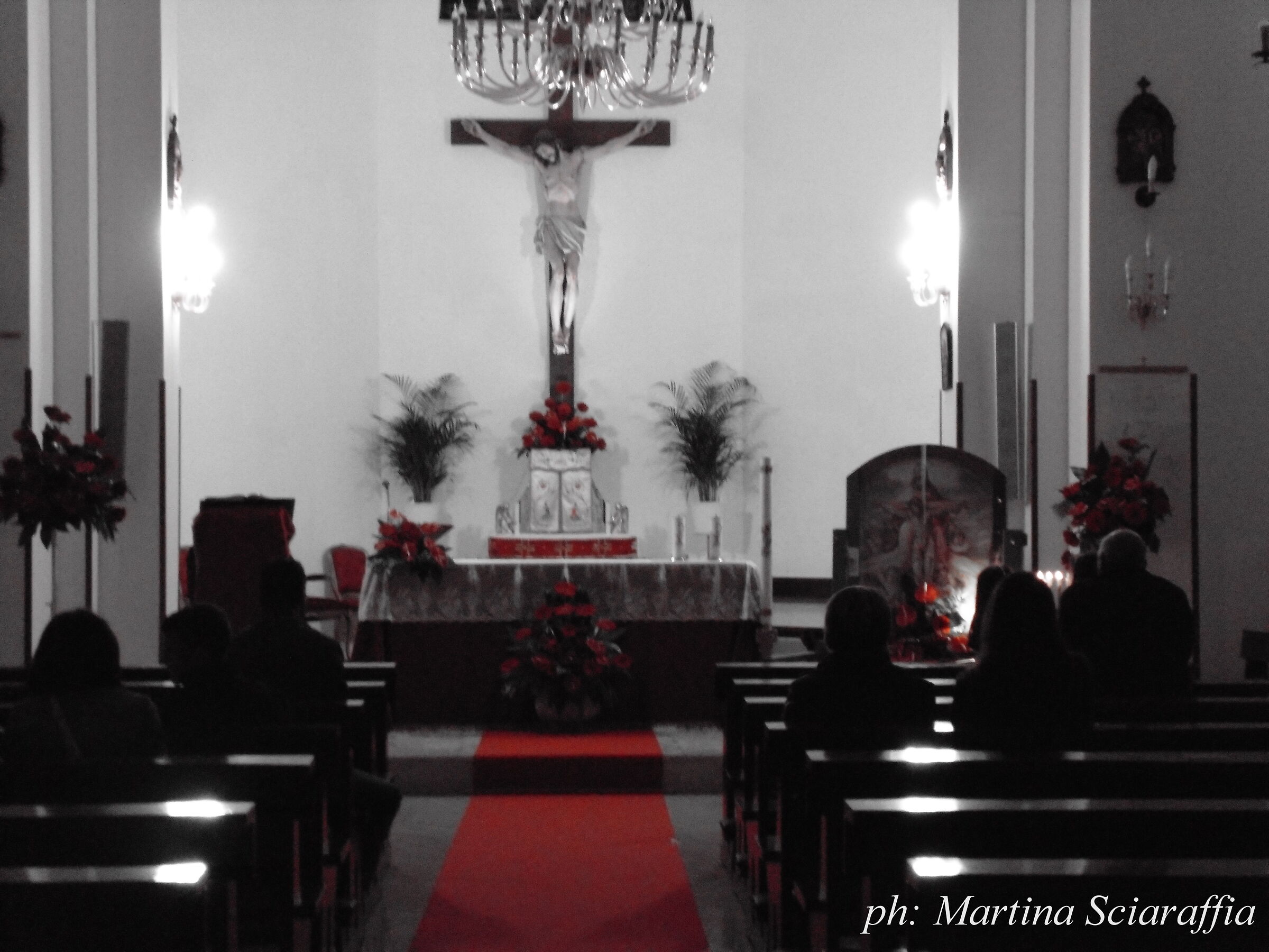 Interior of the church of S. Vincenzo b/w and red
