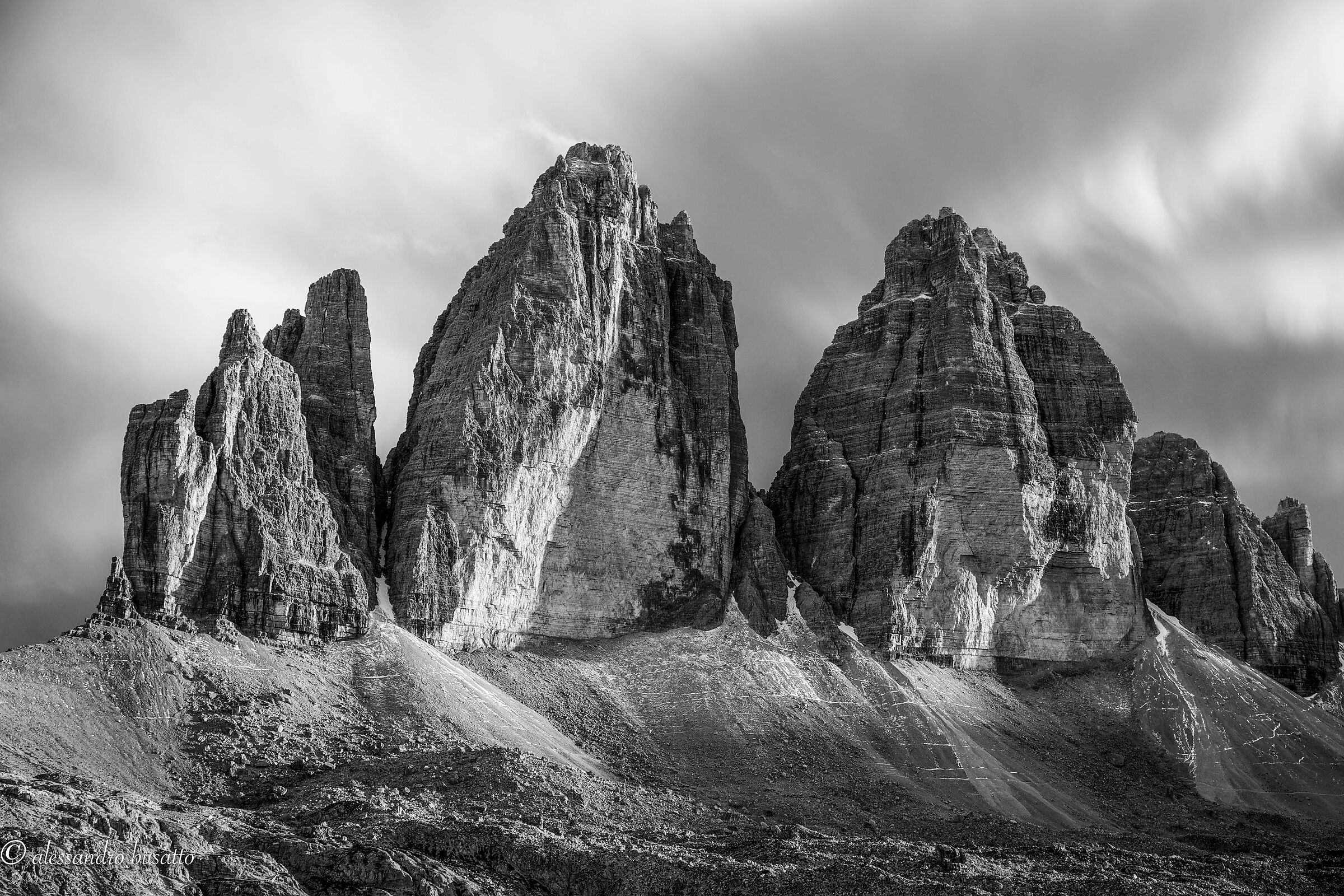 Three peaks of Lavaredo black and white version