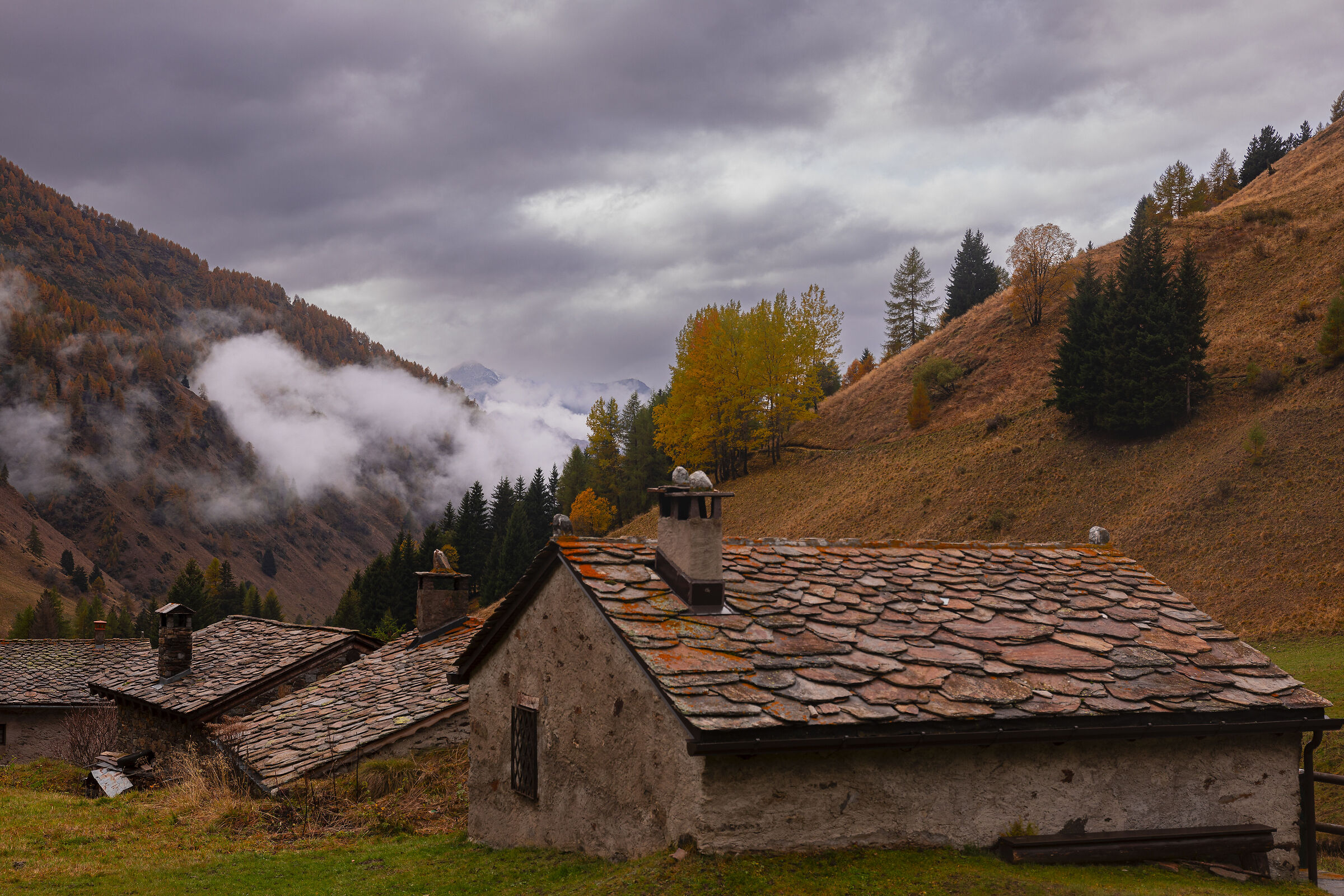 Along my copper-colored mountains smoke low clouds