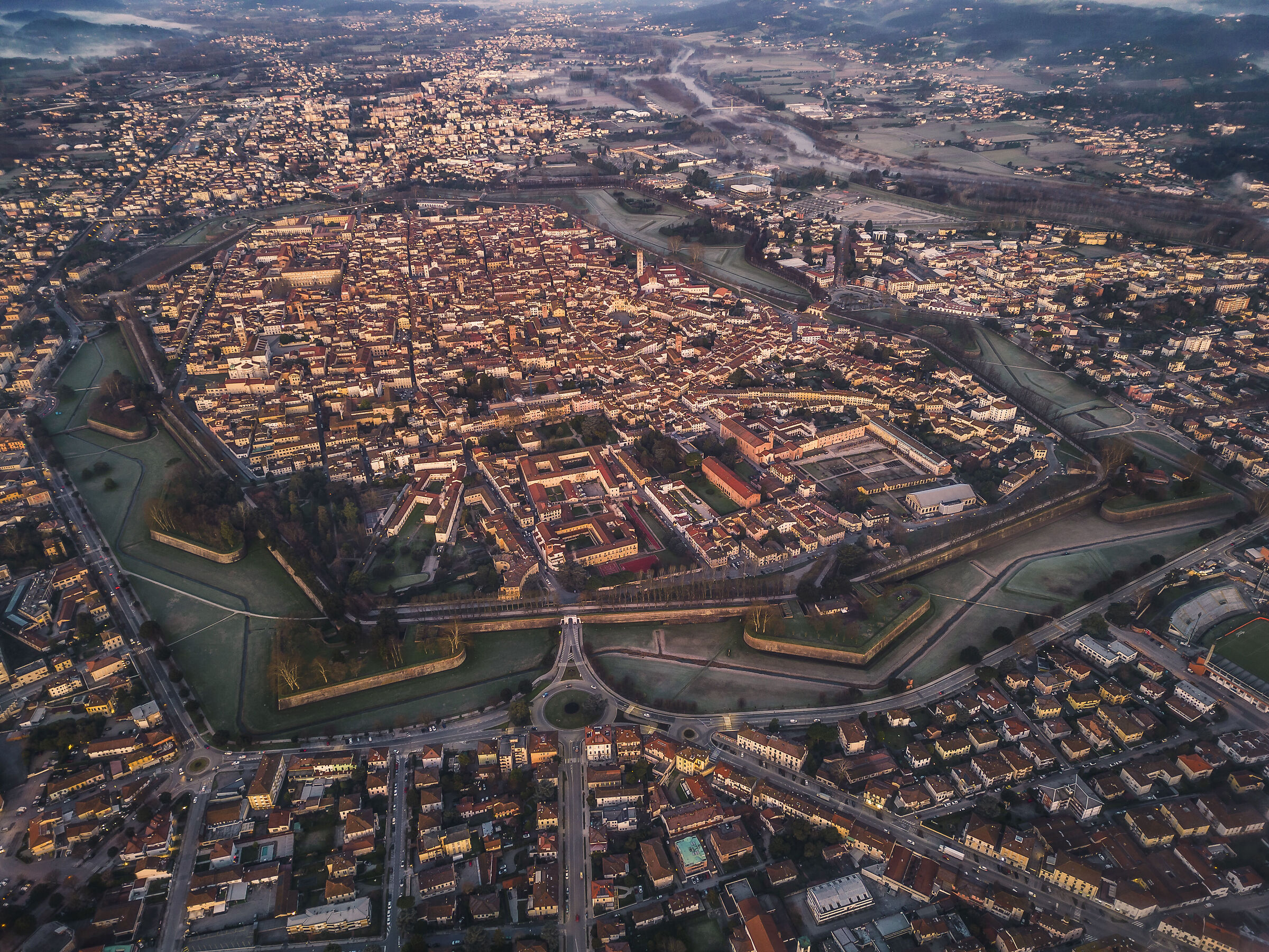 Sunrise over Lucca from above