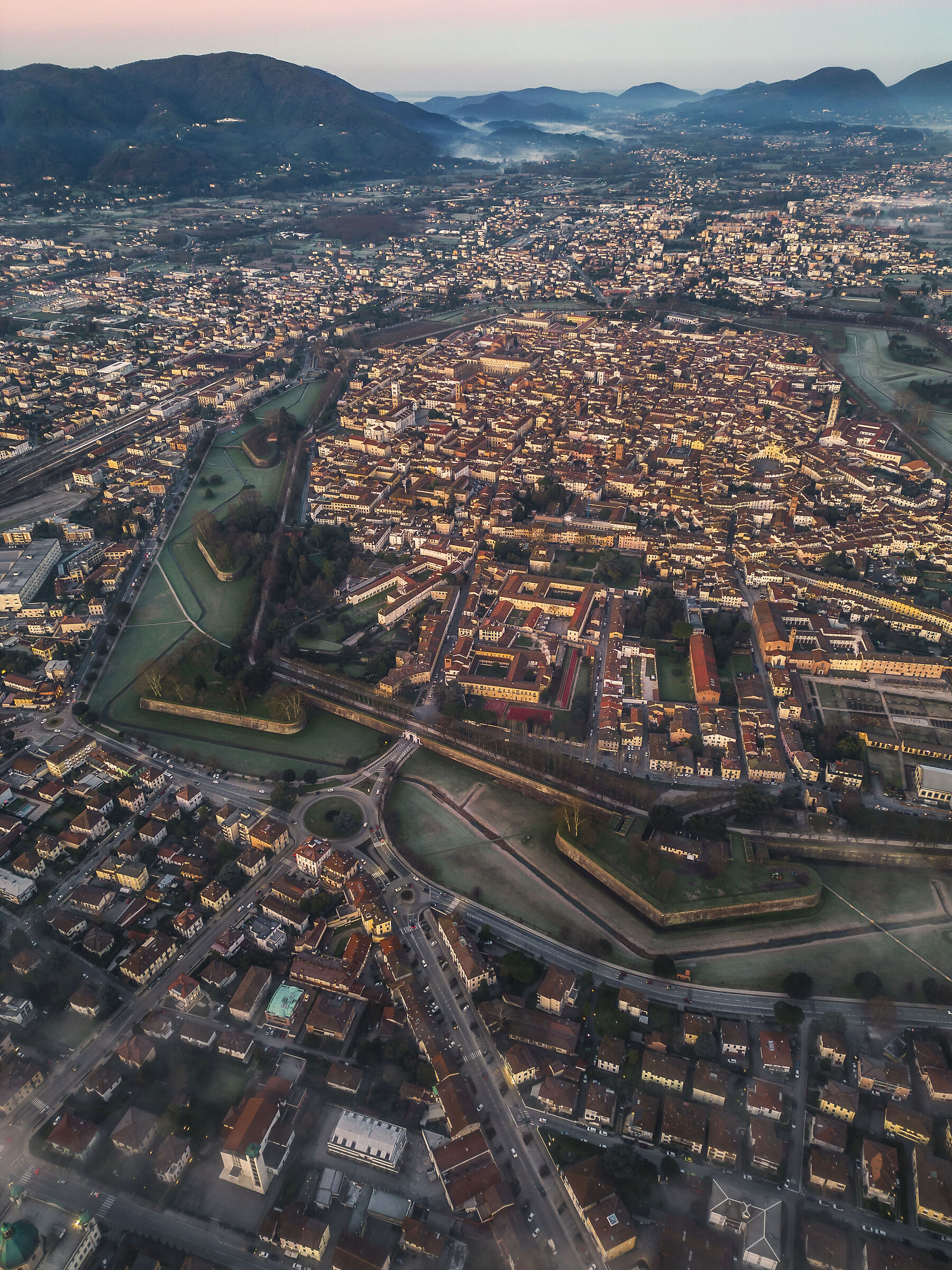 Sunrise over Lucca from above