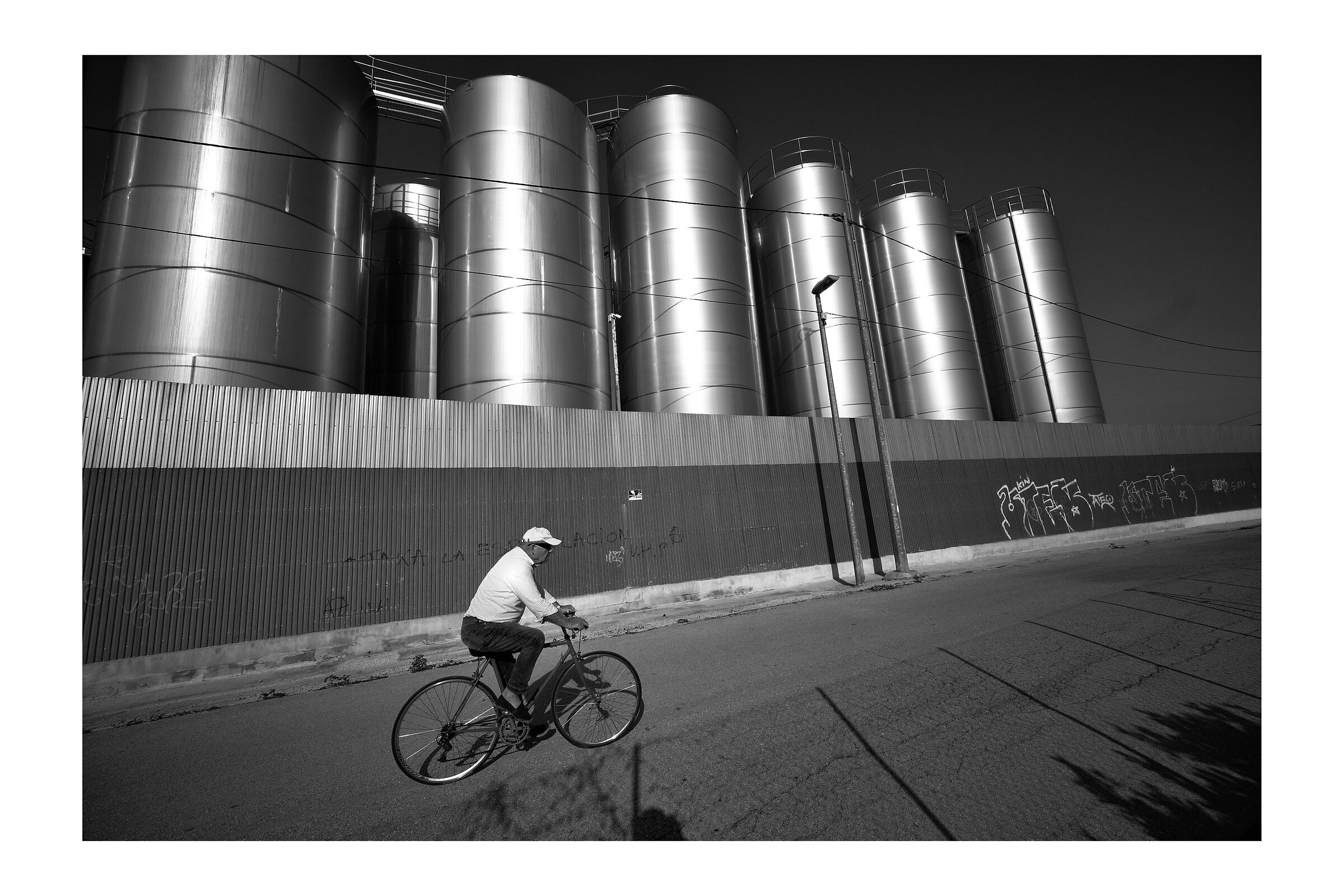 Old man in fornt of lots of wine