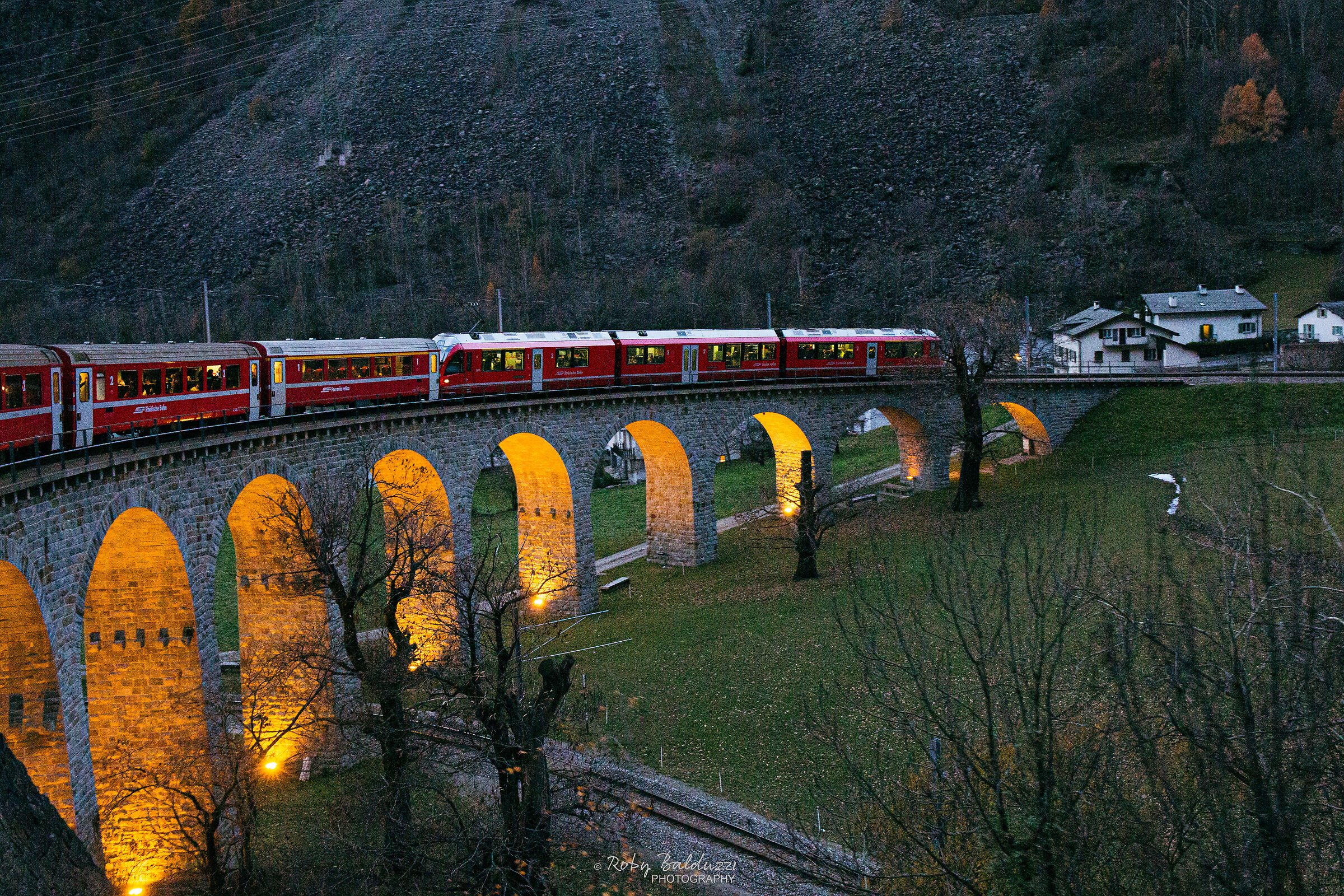 Brusio viaduct at dusk