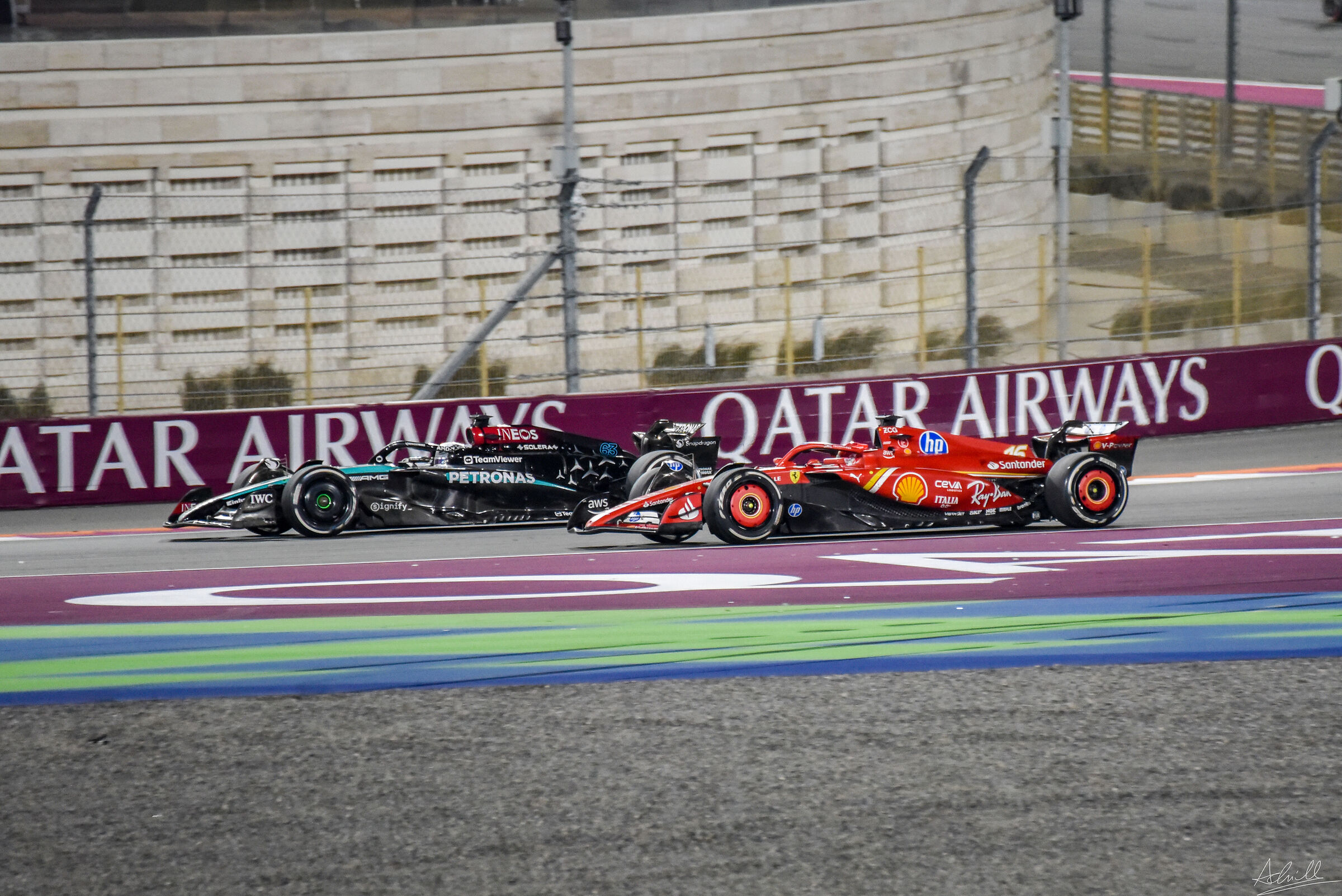 Leclerc & Russell at Turn 1 - Qatar GP 2024