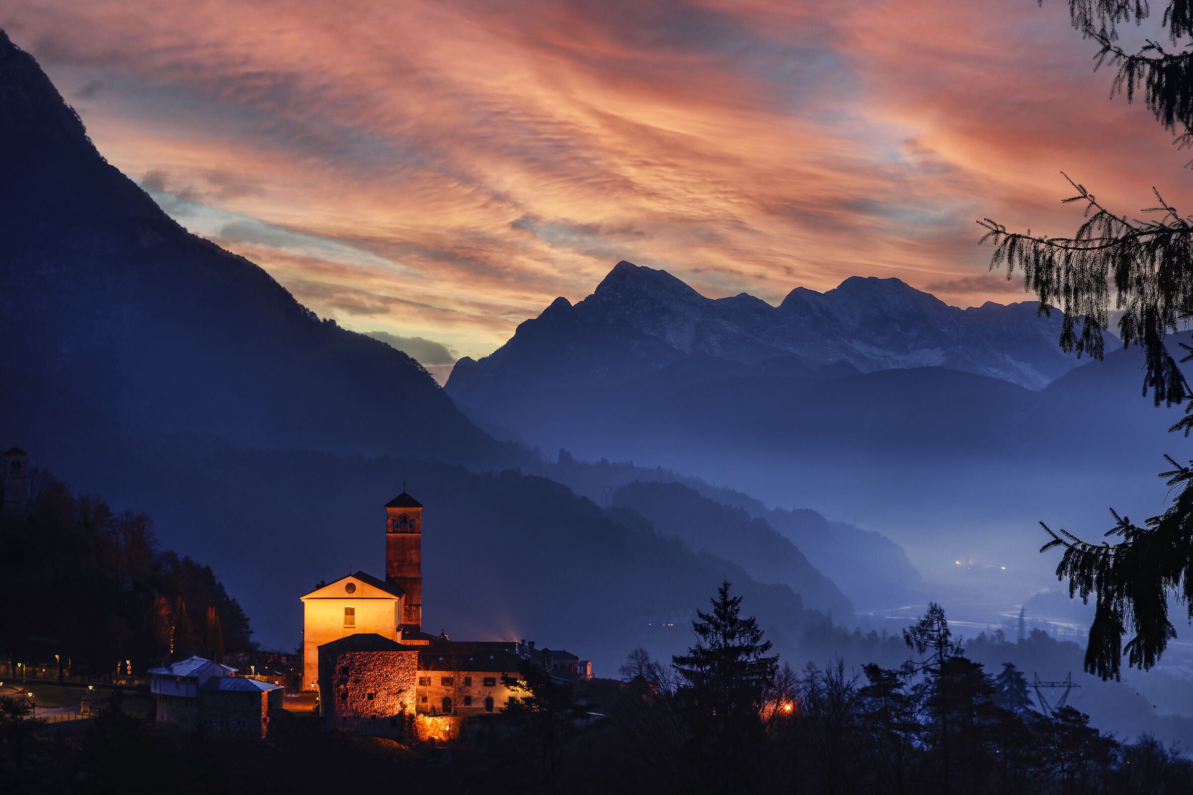Sunrise at the San Gallo Abbey in Moggio Udinese