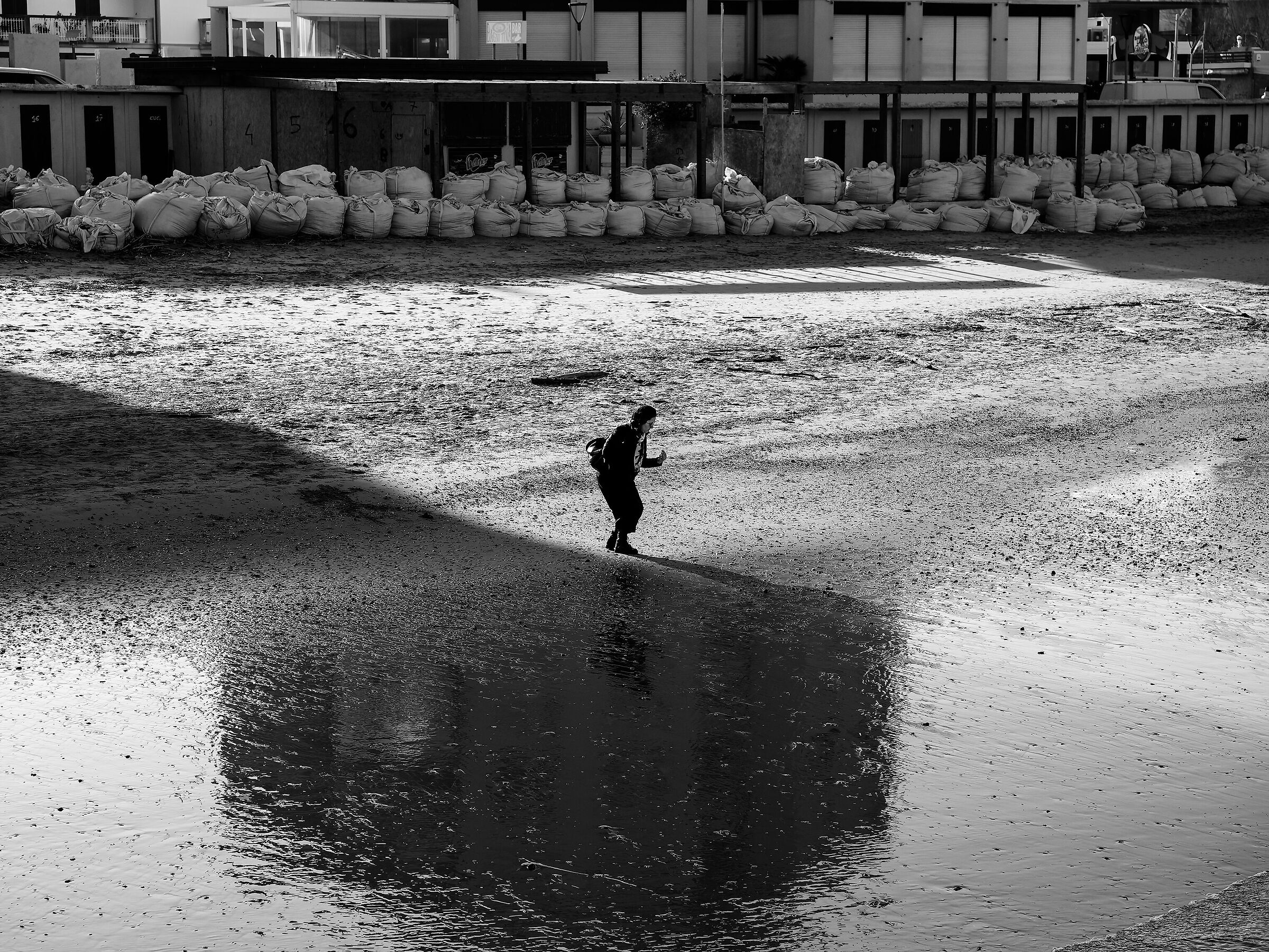 Winter shoreline with woman