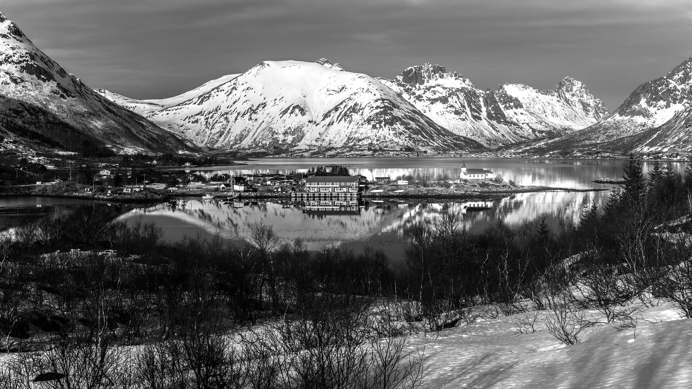 Panorama over a Fjord b&w